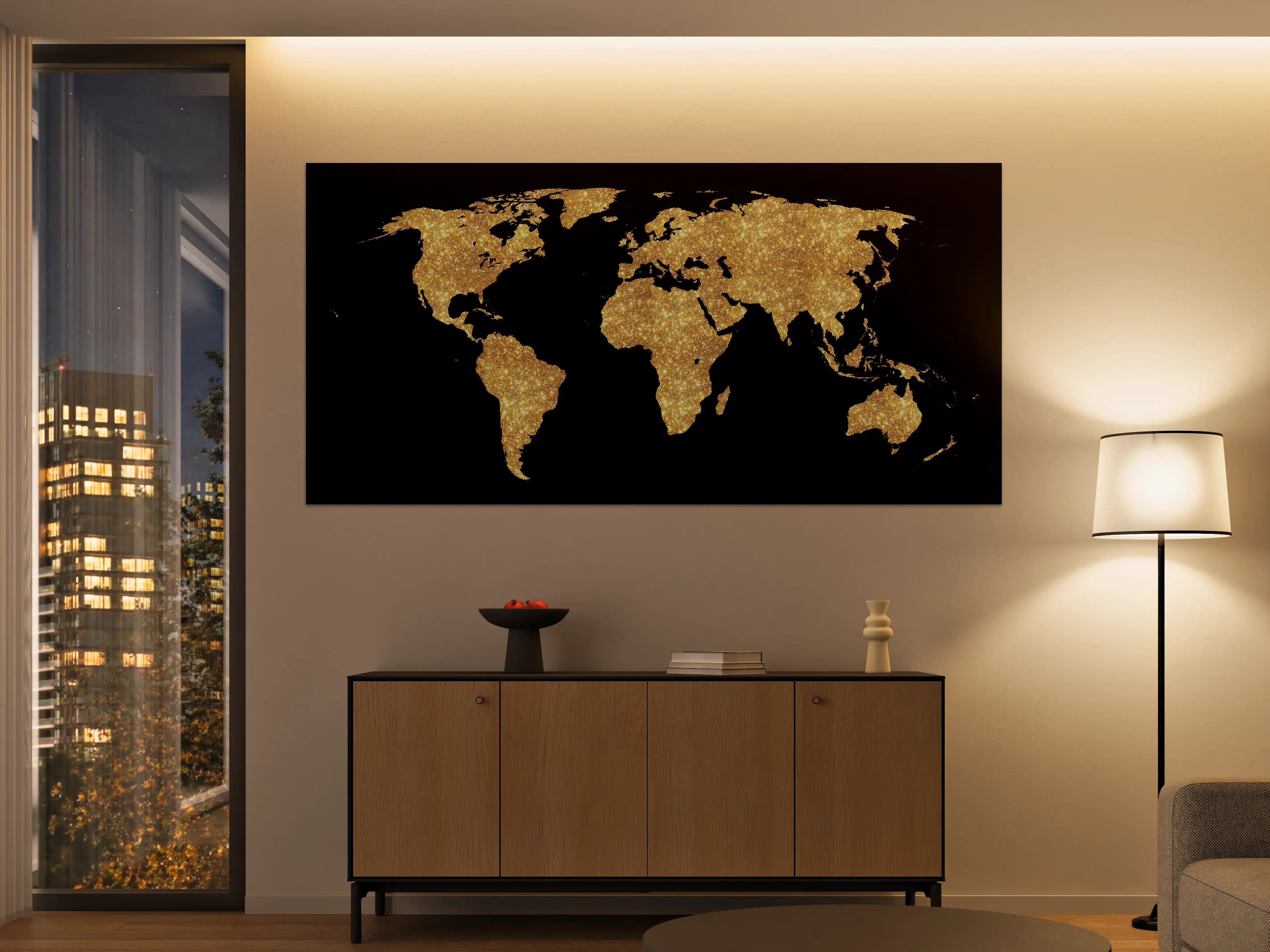 Große Wandbilder - Goldene Weltkarte Nachtlicht
