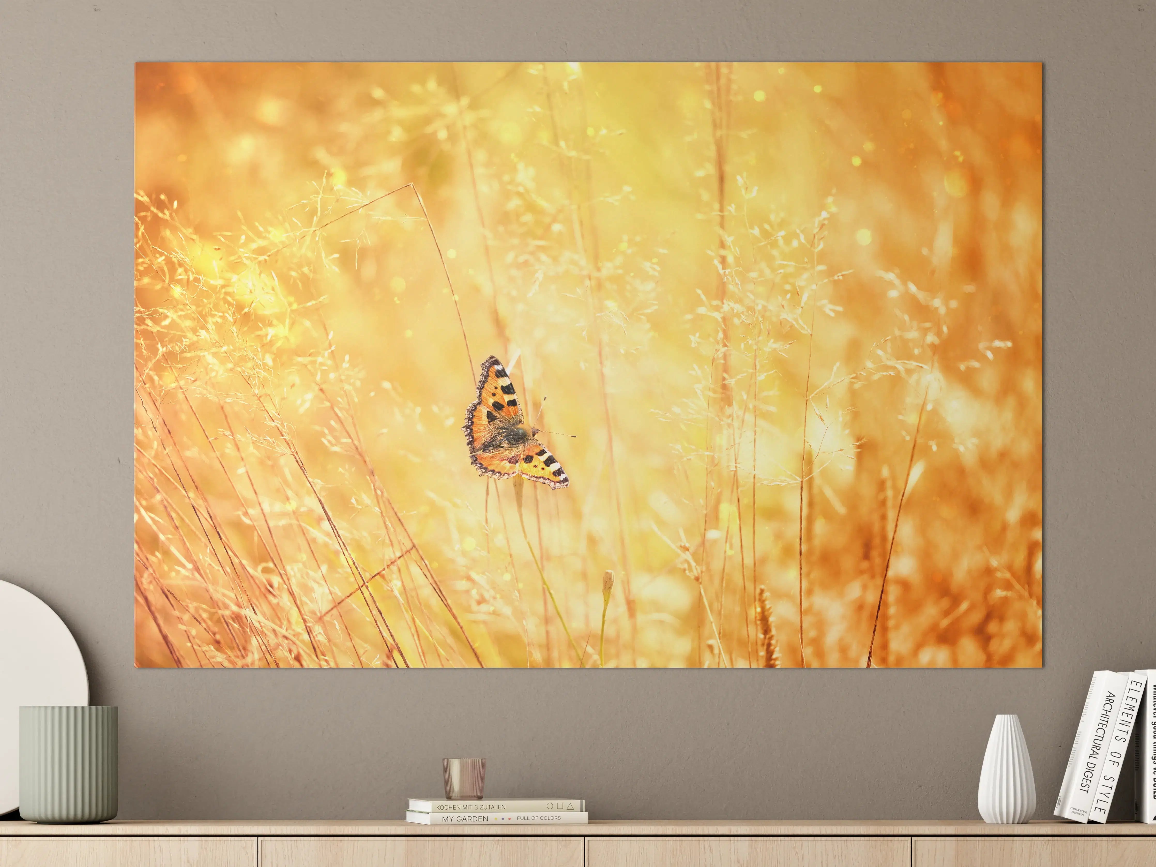 Große Wandbilder - Goldener Sonnenuntergang mit Schmetterling
