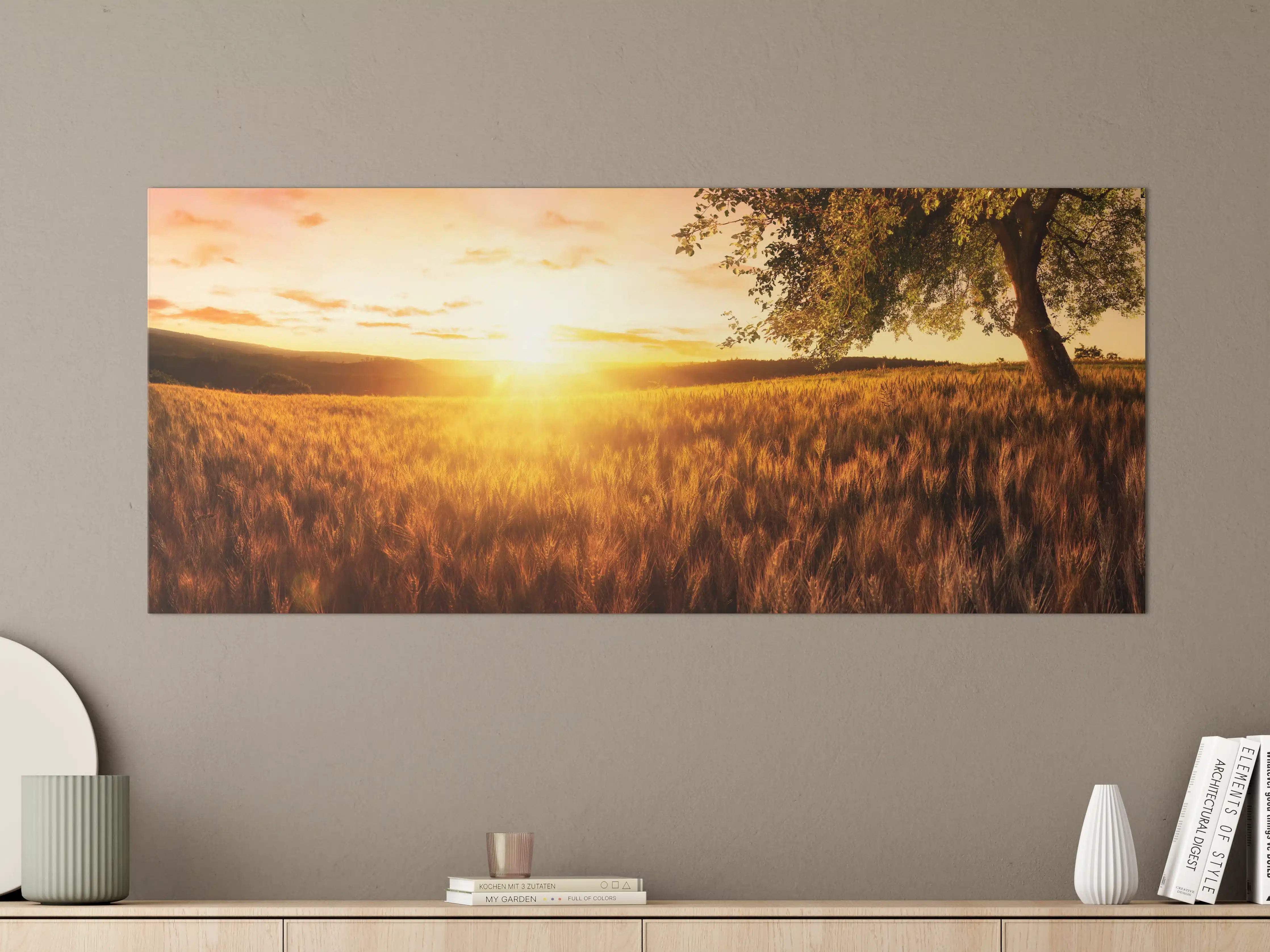 Große Wandbilder - Goldener Sonnenuntergang über der Wiese