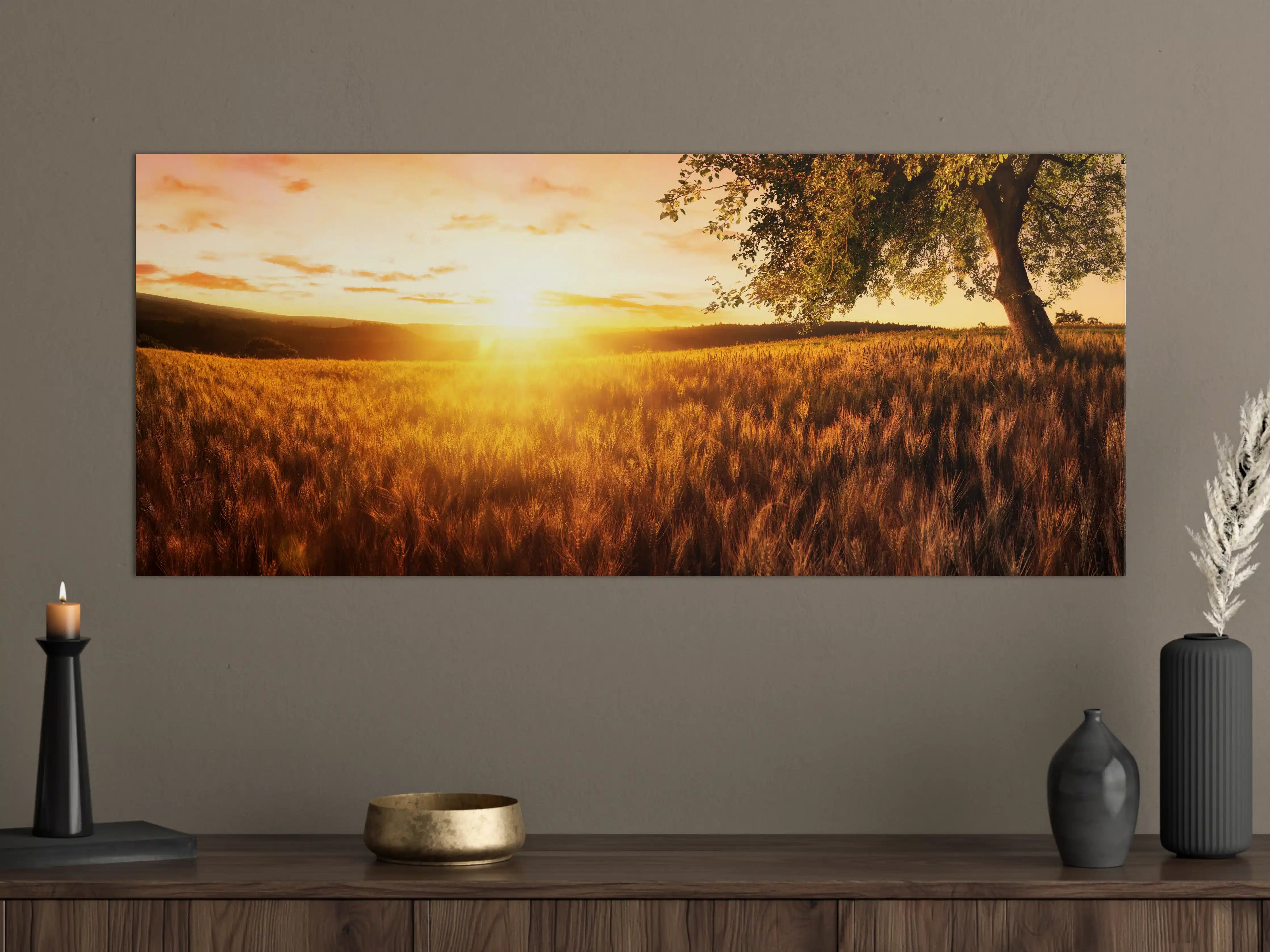Große Wandbilder - Goldener Sonnenuntergang über der Wiese