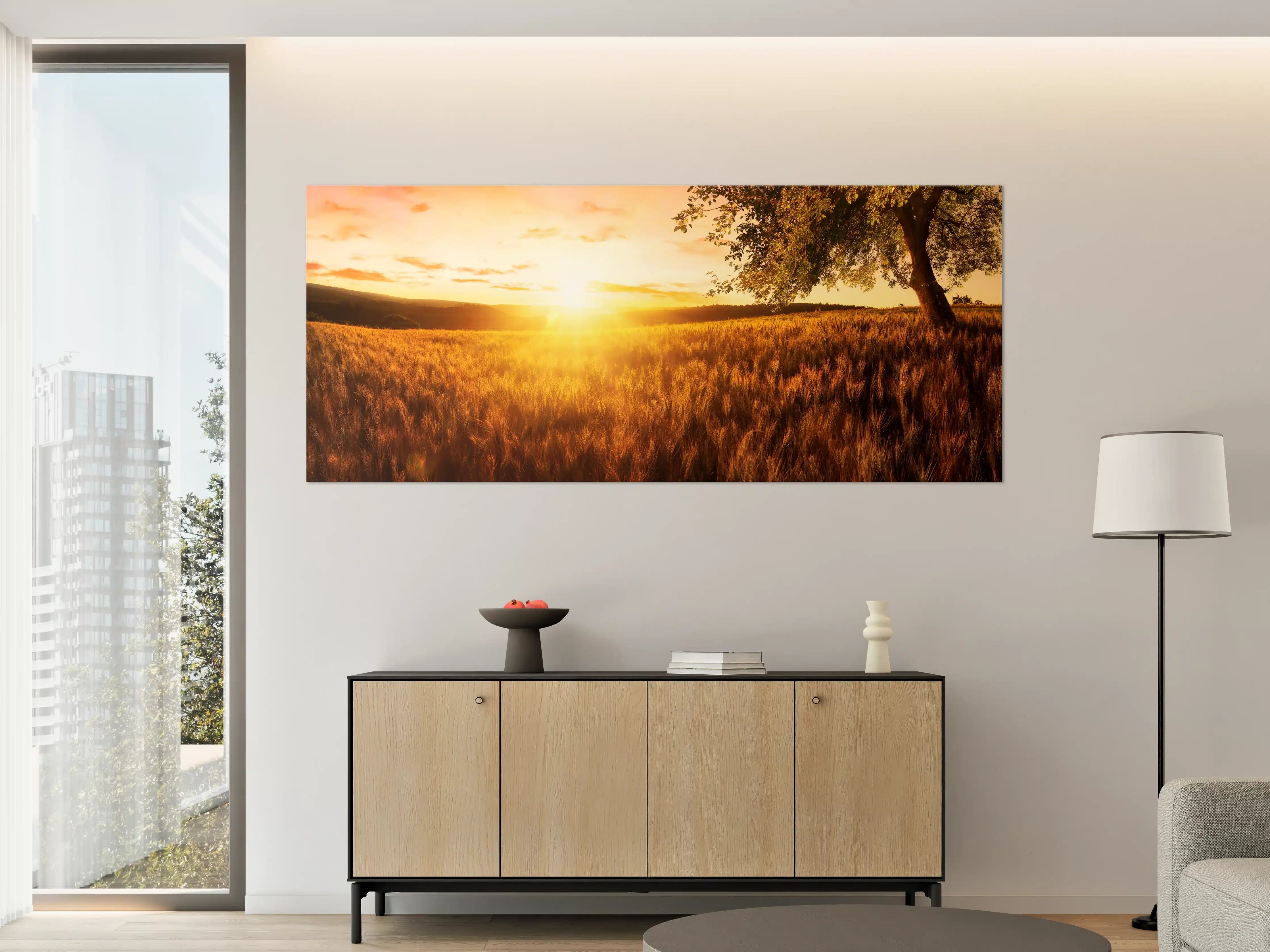 Große Wandbilder - Goldener Sonnenuntergang über der Wiese