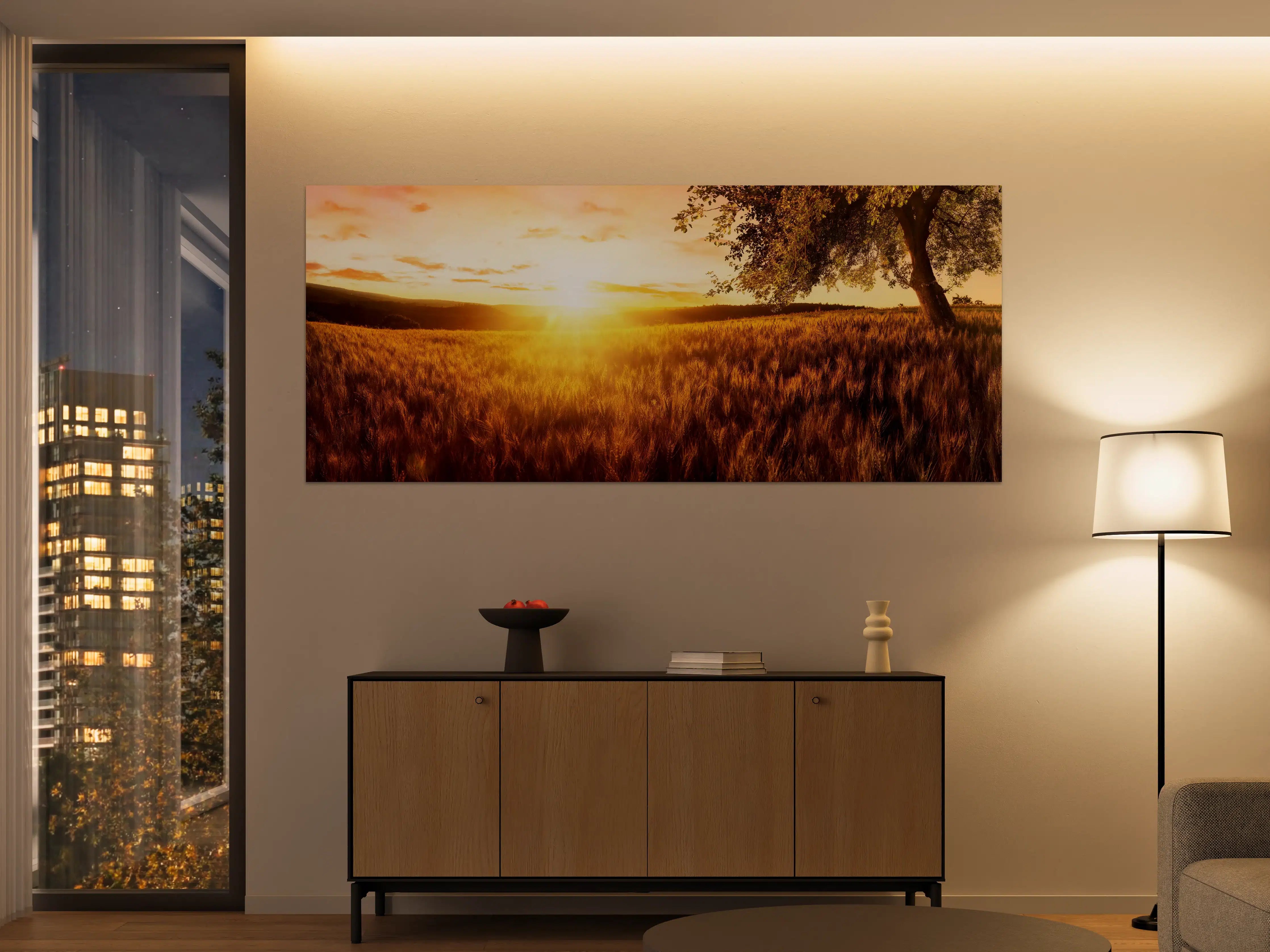 Große Wandbilder - Goldener Sonnenuntergang über der Wiese