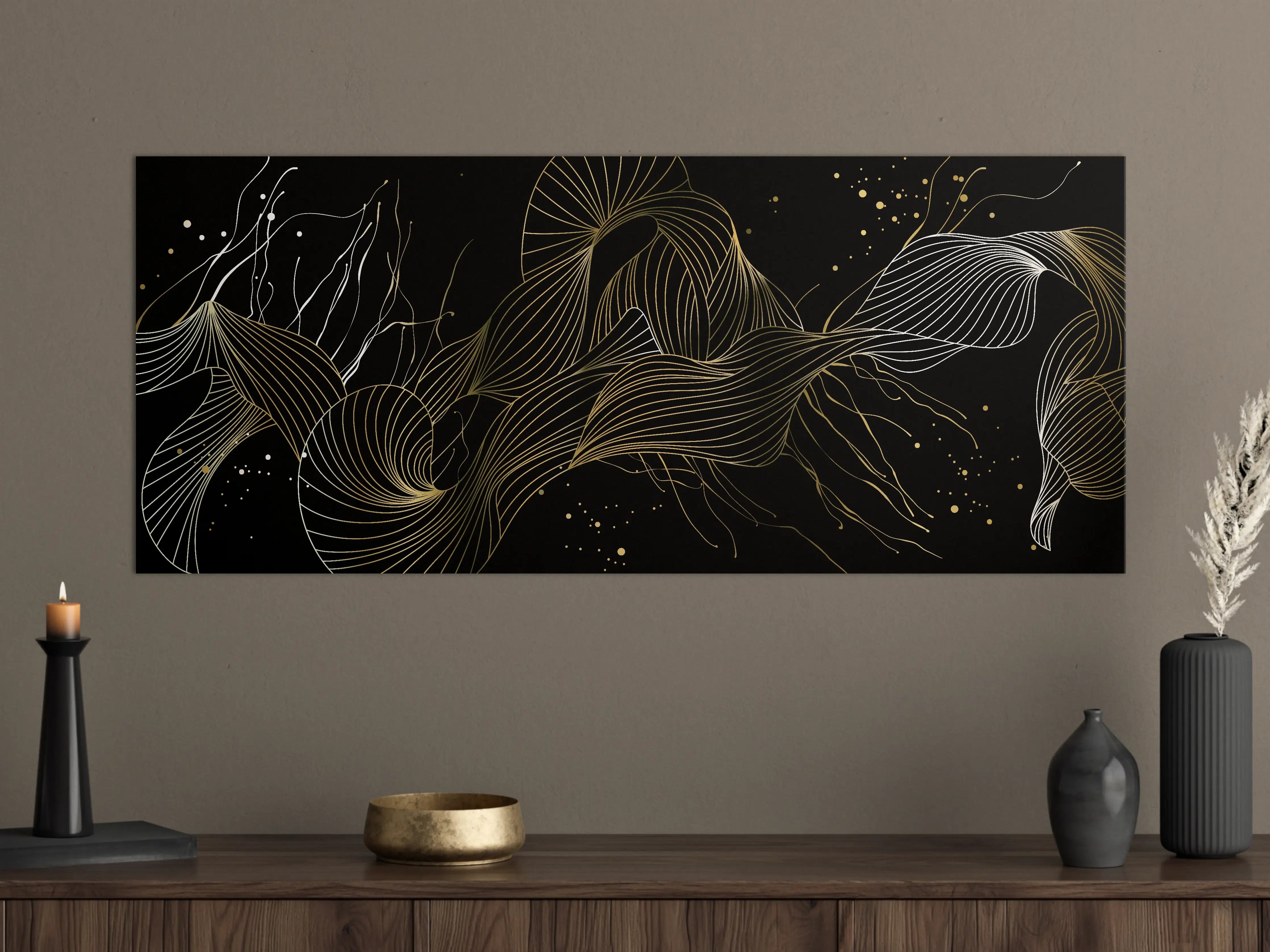 Große Wandbilder - Goldenes Linienmuster auf Schwarz