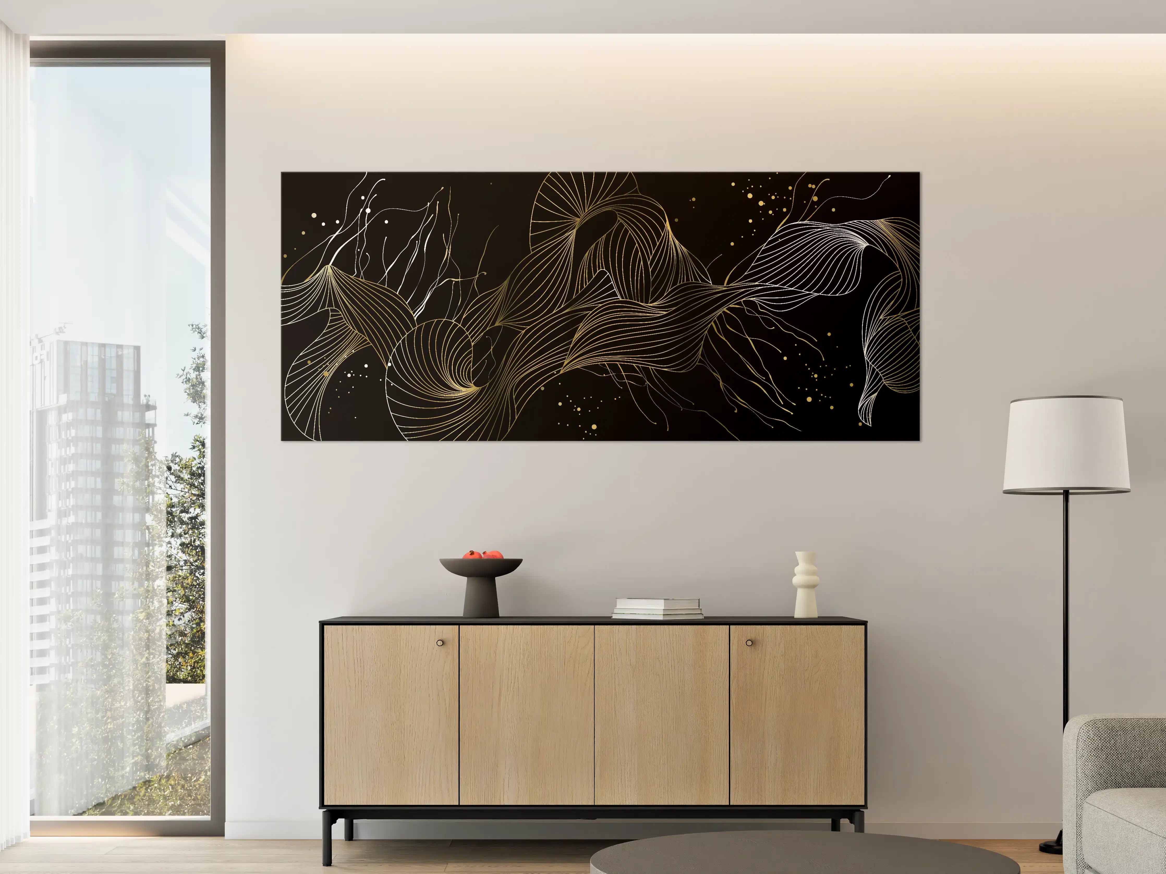 Große Wandbilder - Goldenes Linienmuster auf Schwarz