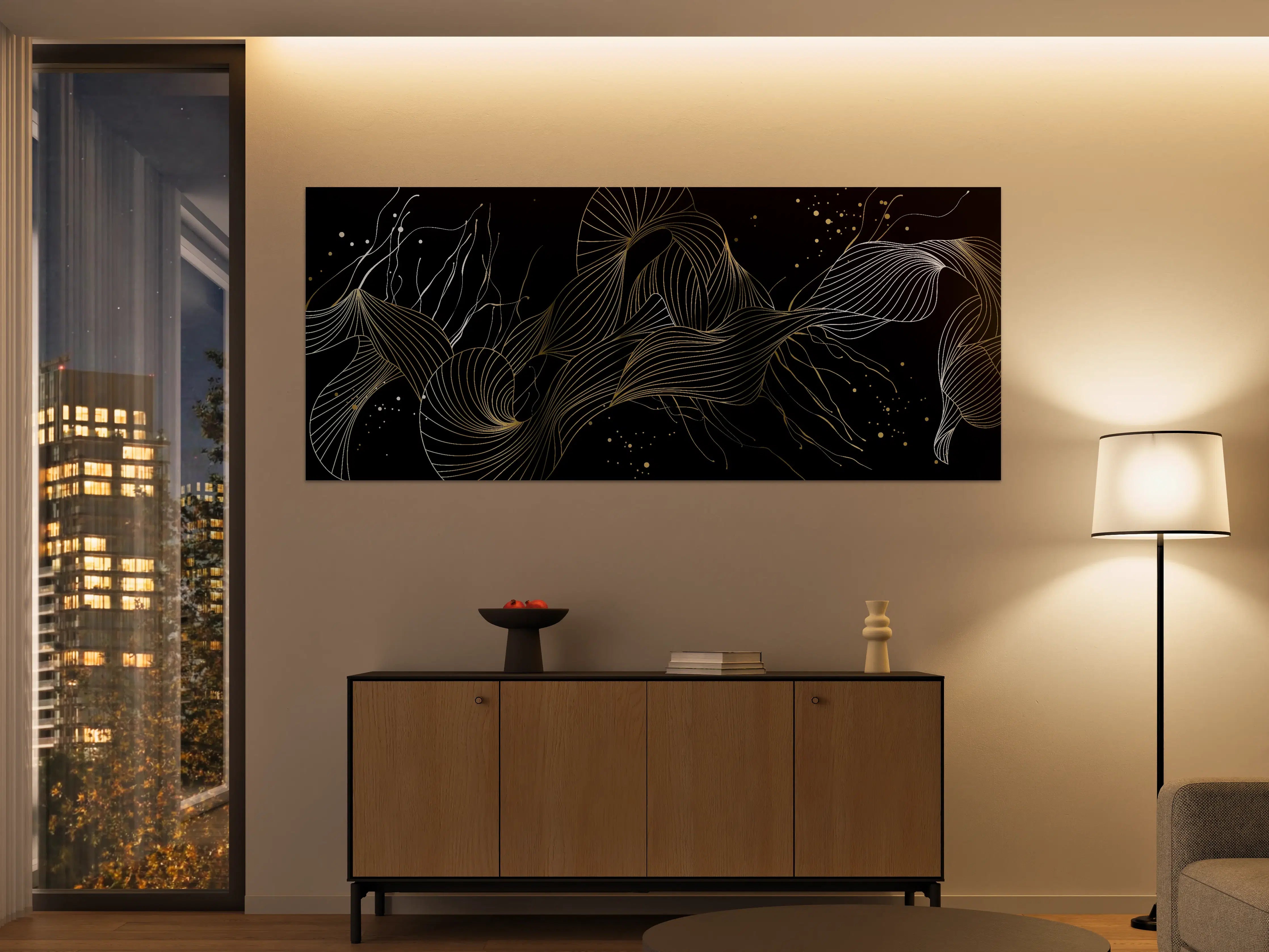 Große Wandbilder - Goldenes Linienmuster auf Schwarz