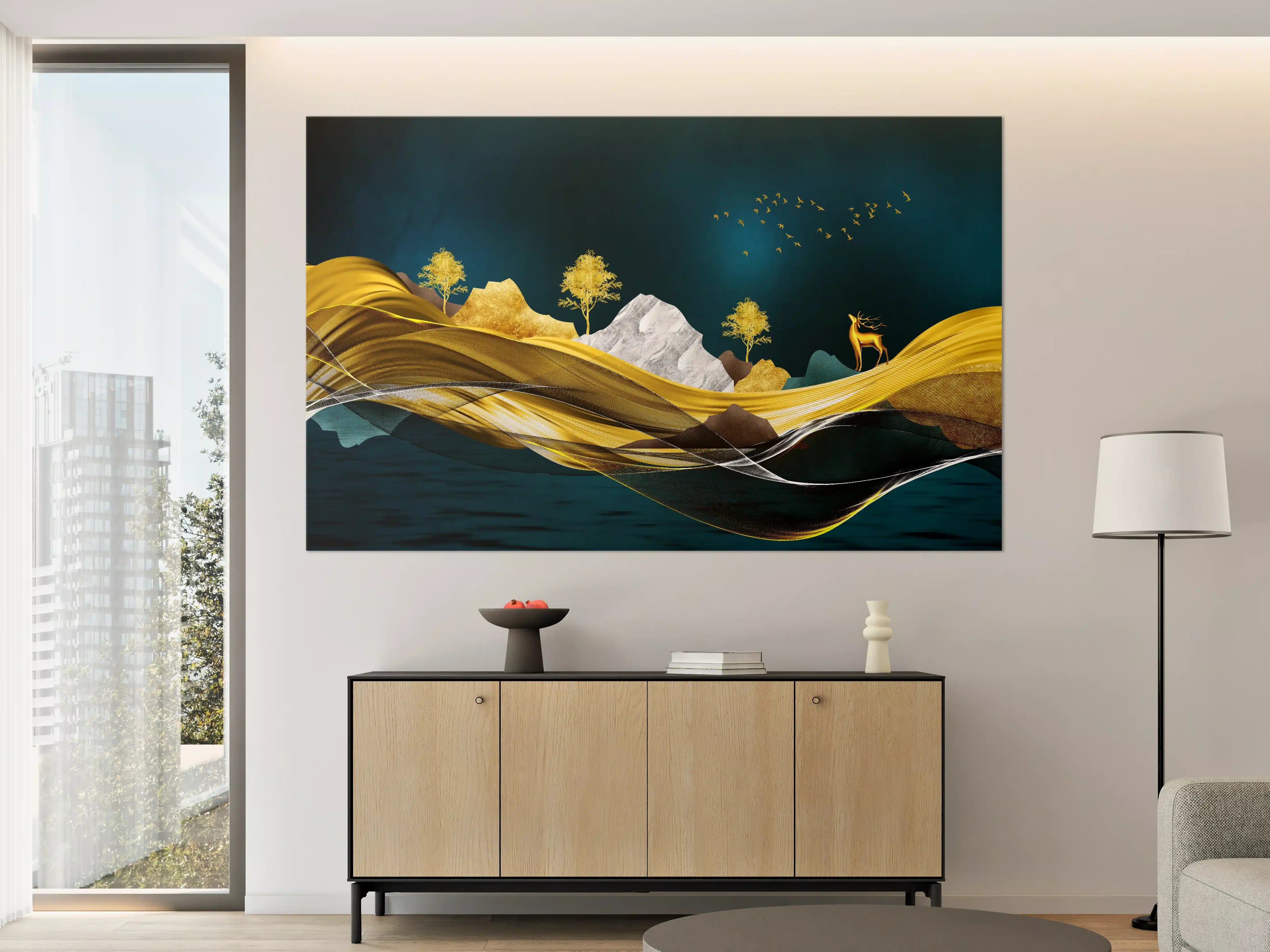 Große Wandbilder - Goldenes Wellendesign - 3D