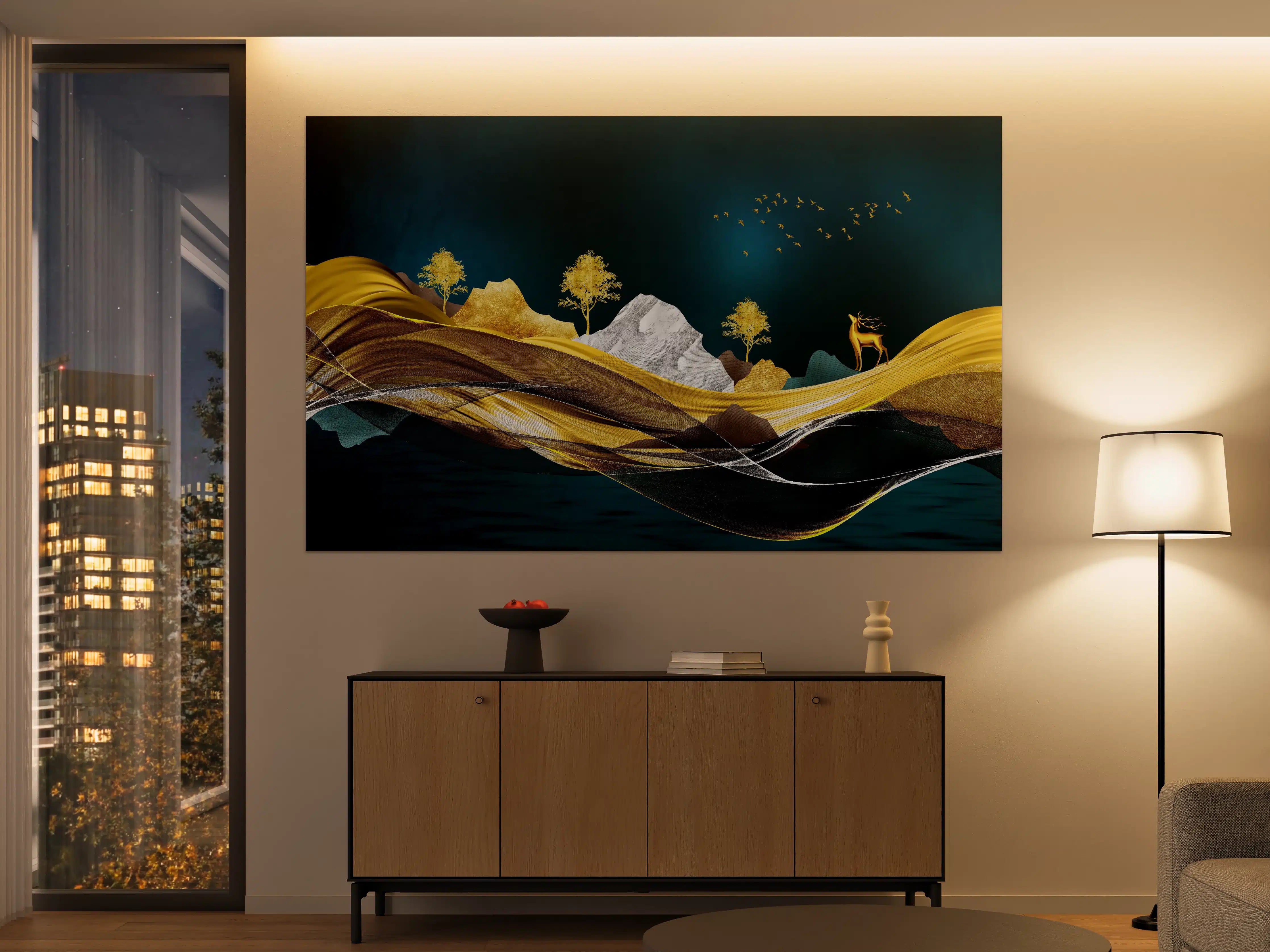 Große Wandbilder - Goldenes Wellendesign - 3D