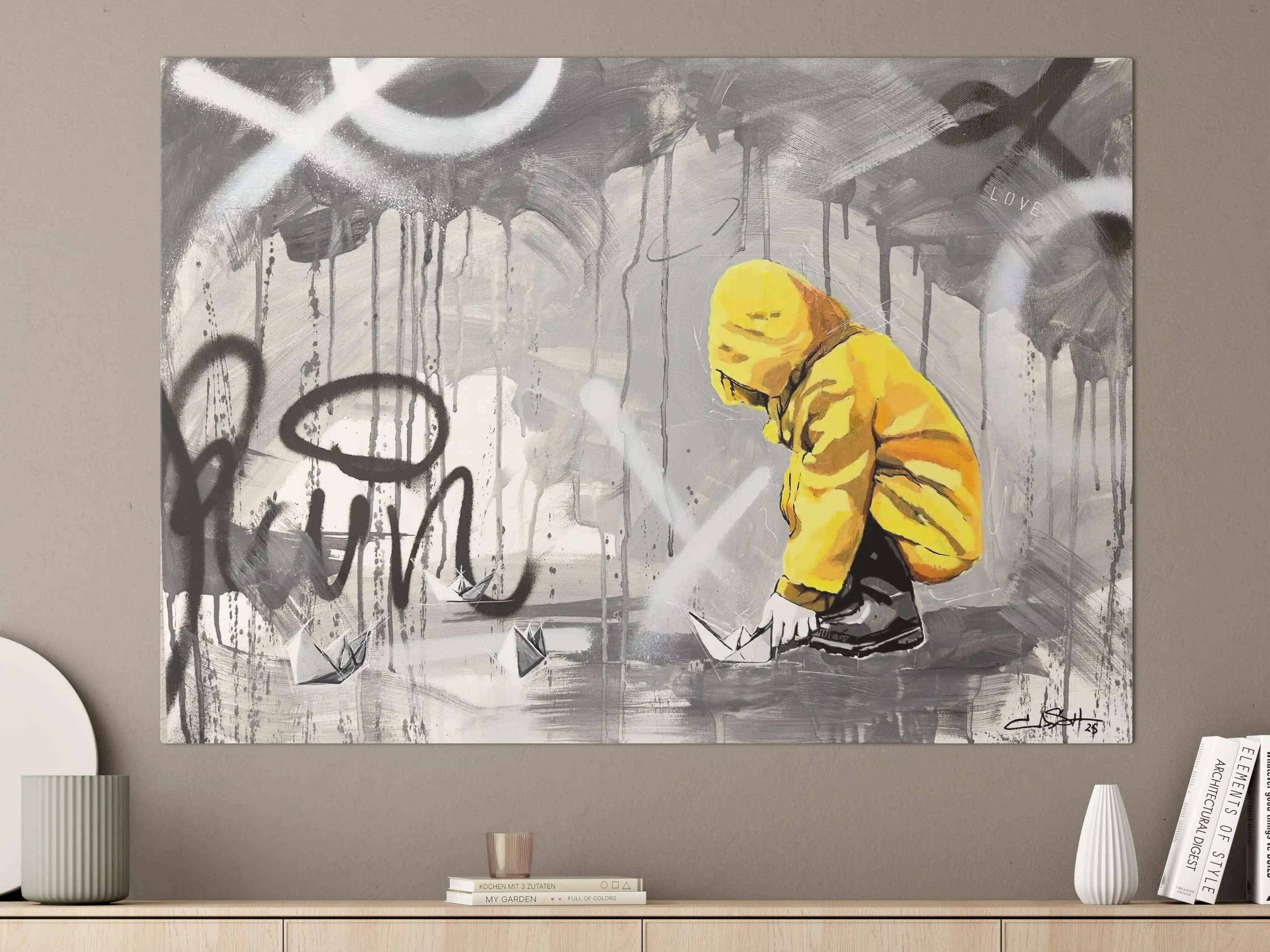 Große Wandbilder - Graffiti-Kunstwerk mit kindlicher Szene in Gelb