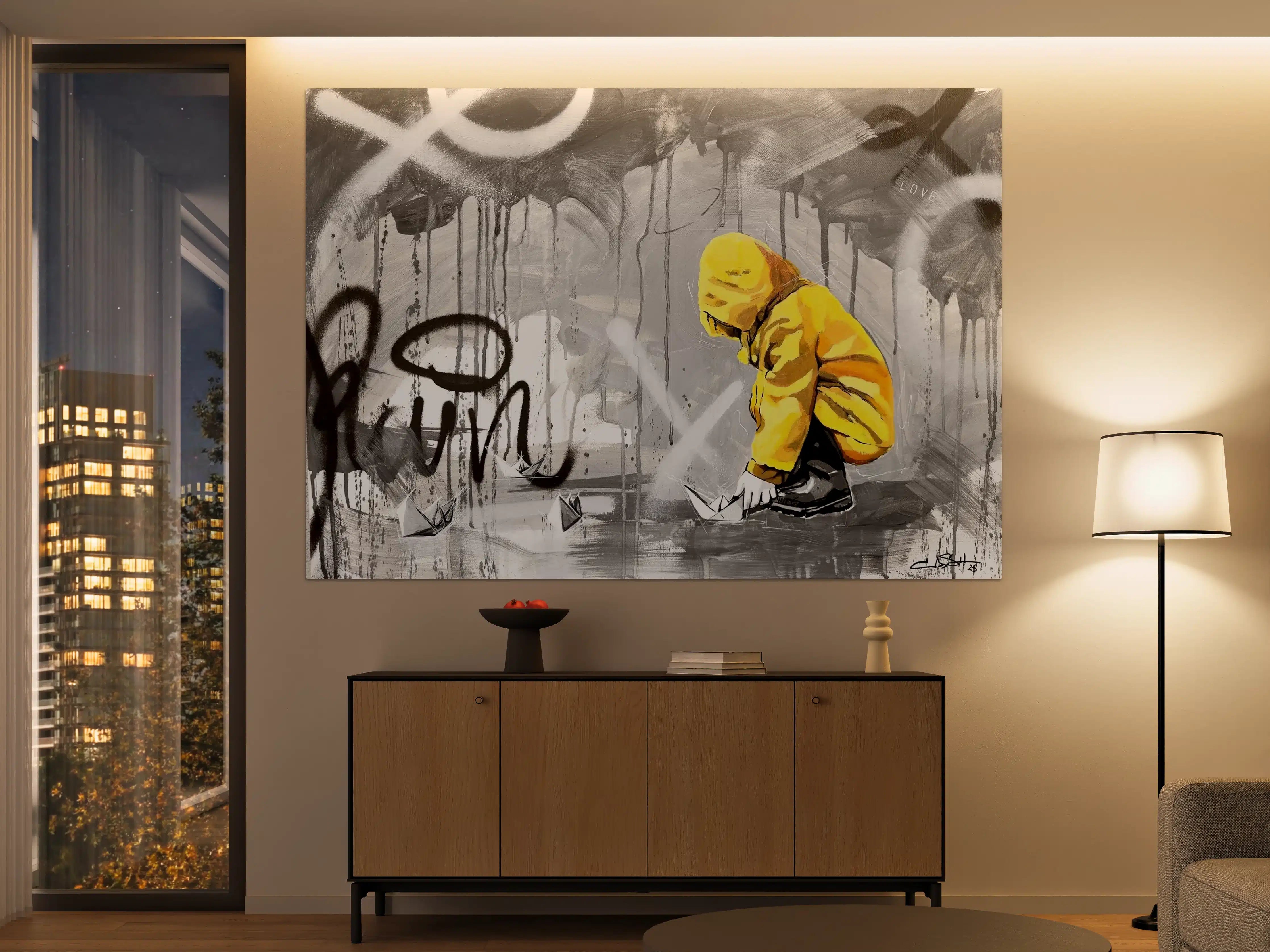 Große Wandbilder - Graffiti-Kunstwerk mit kindlicher Szene in Gelb