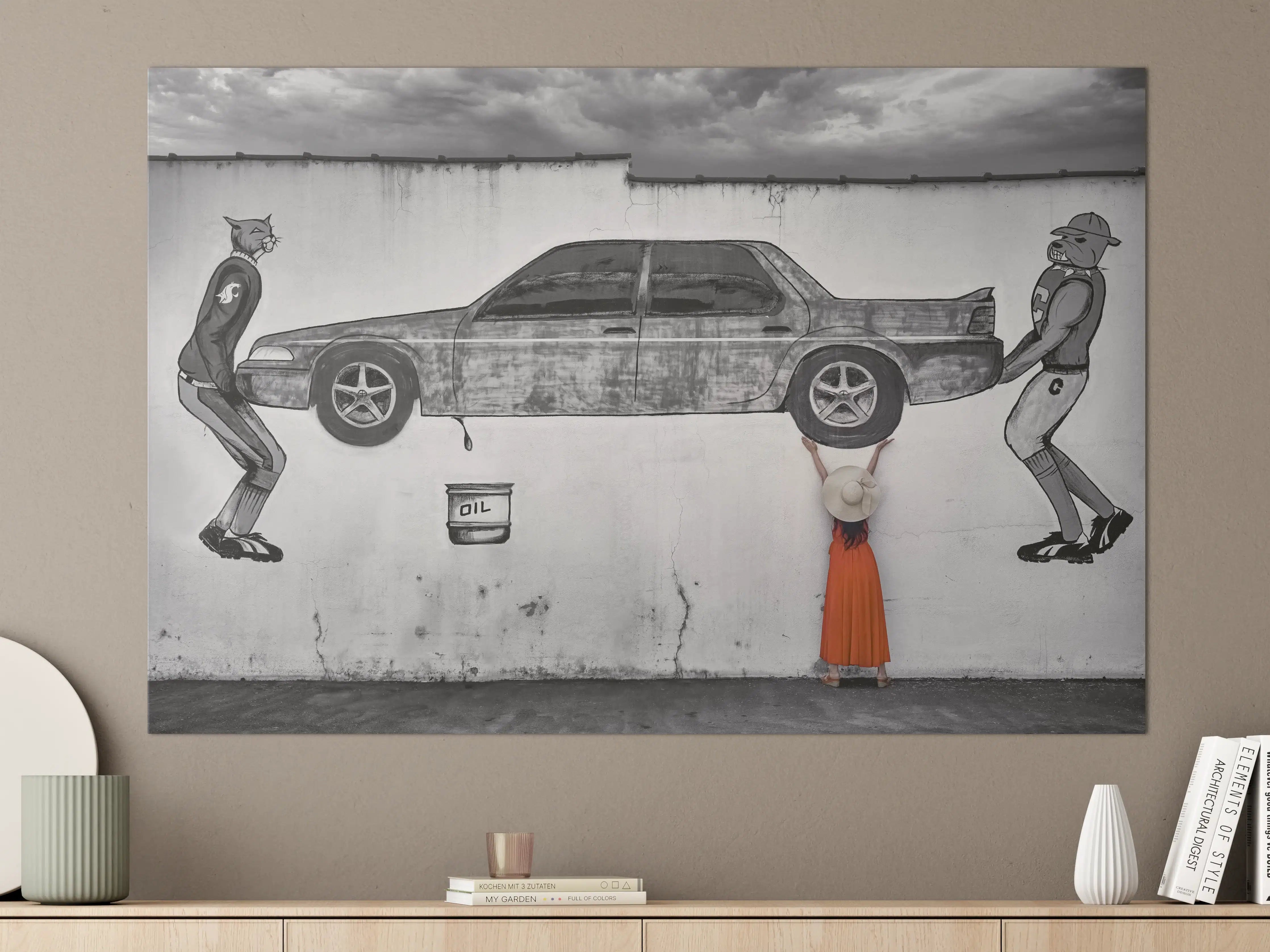 Große Wandbilder - Graffiti-Malerei eines Autos mit stilvollen Figuren
