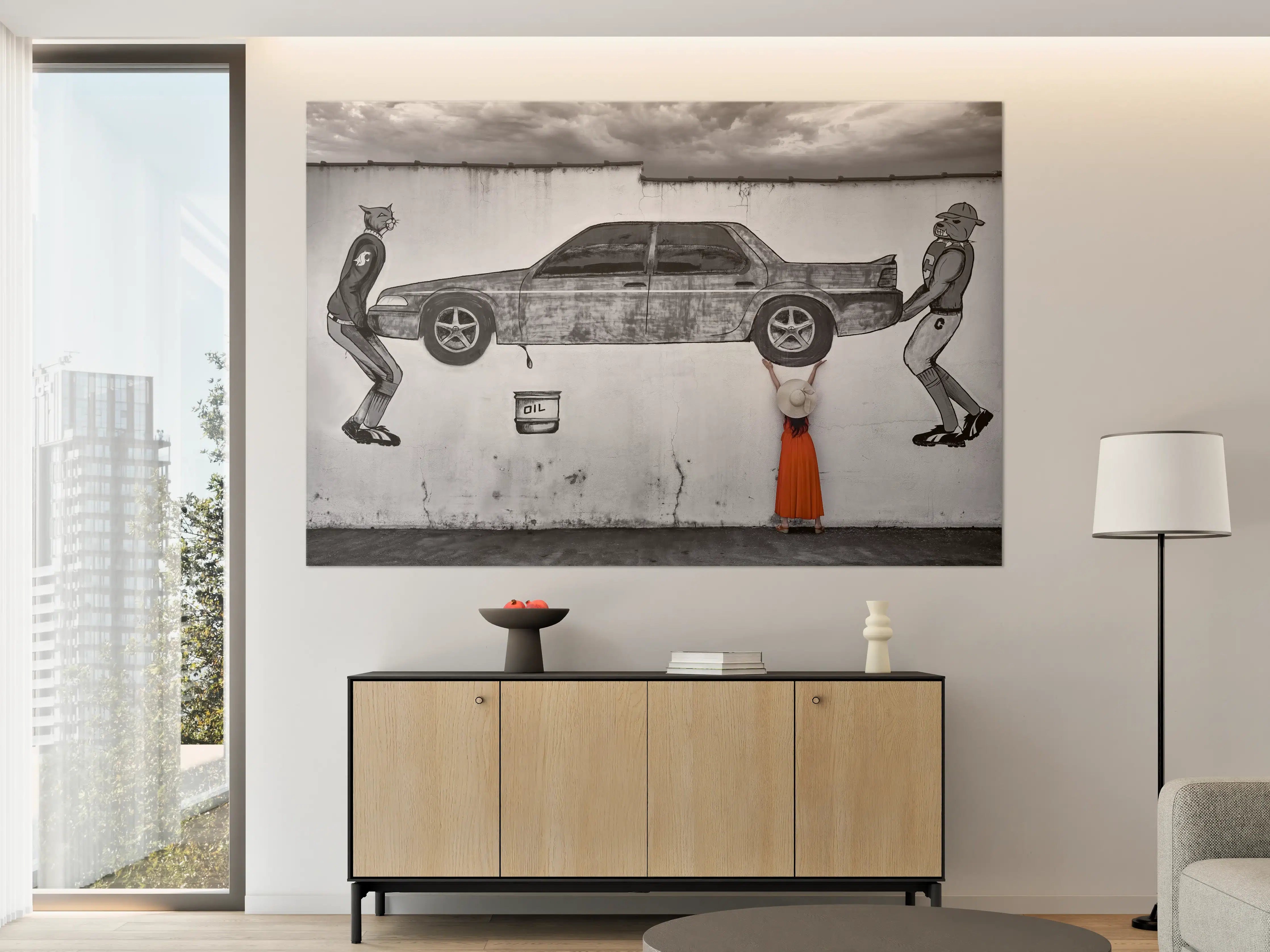 Große Wandbilder - Graffiti-Malerei eines Autos mit stilvollen Figuren