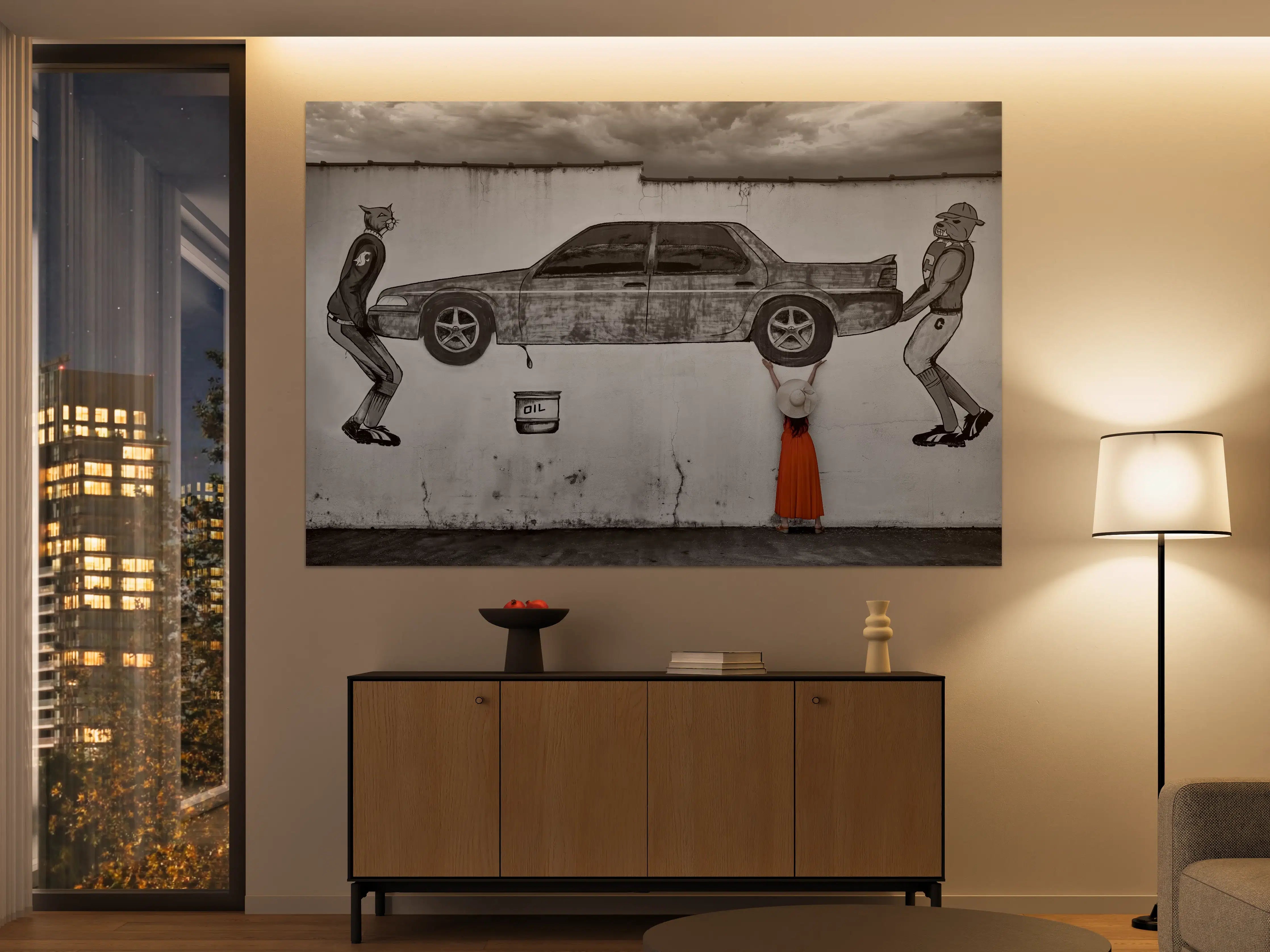 Große Wandbilder - Graffiti-Malerei eines Autos mit stilvollen Figuren
