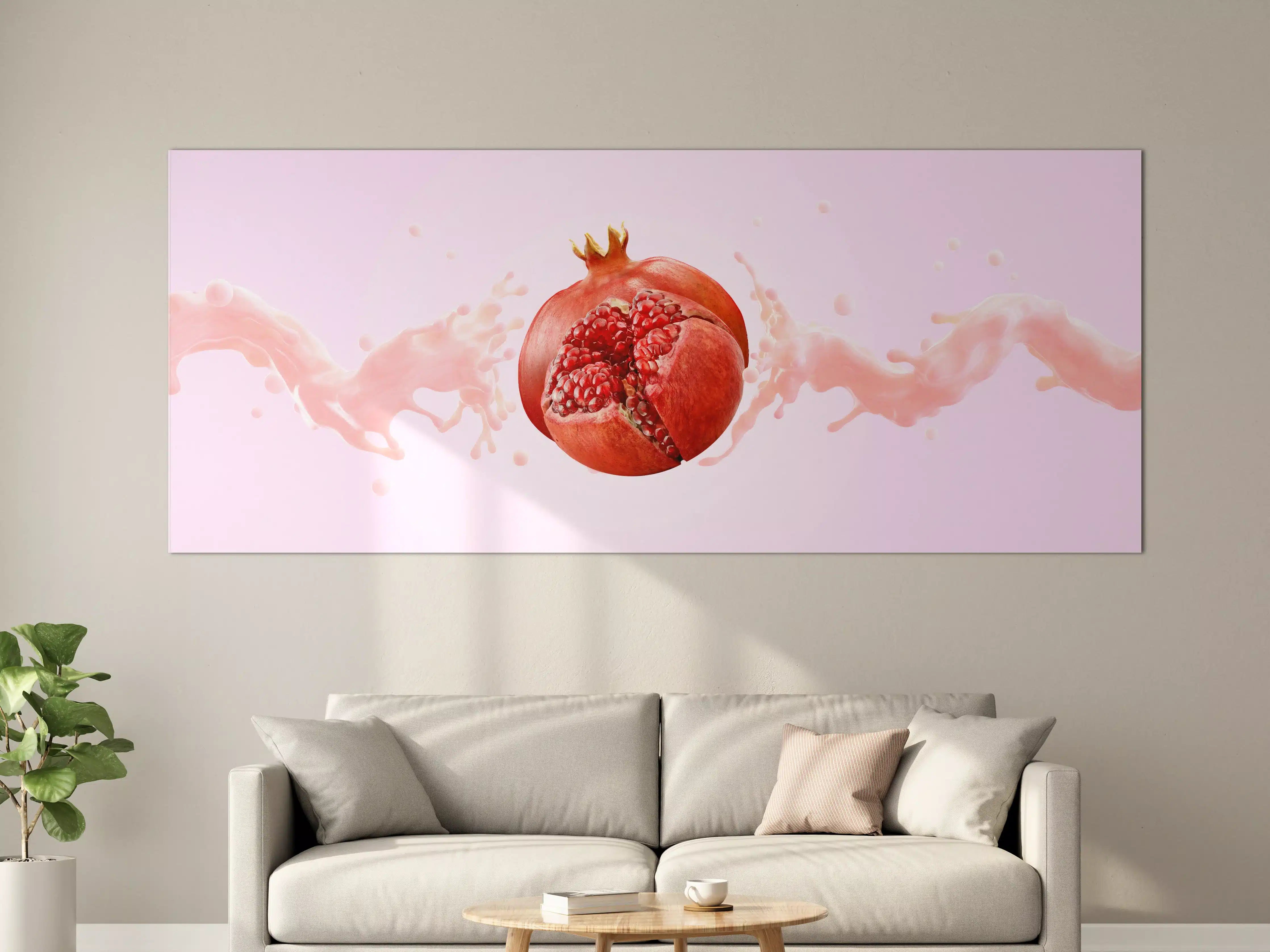 Große Wandbilder - Granatapfel mit rosa Milch-Splash