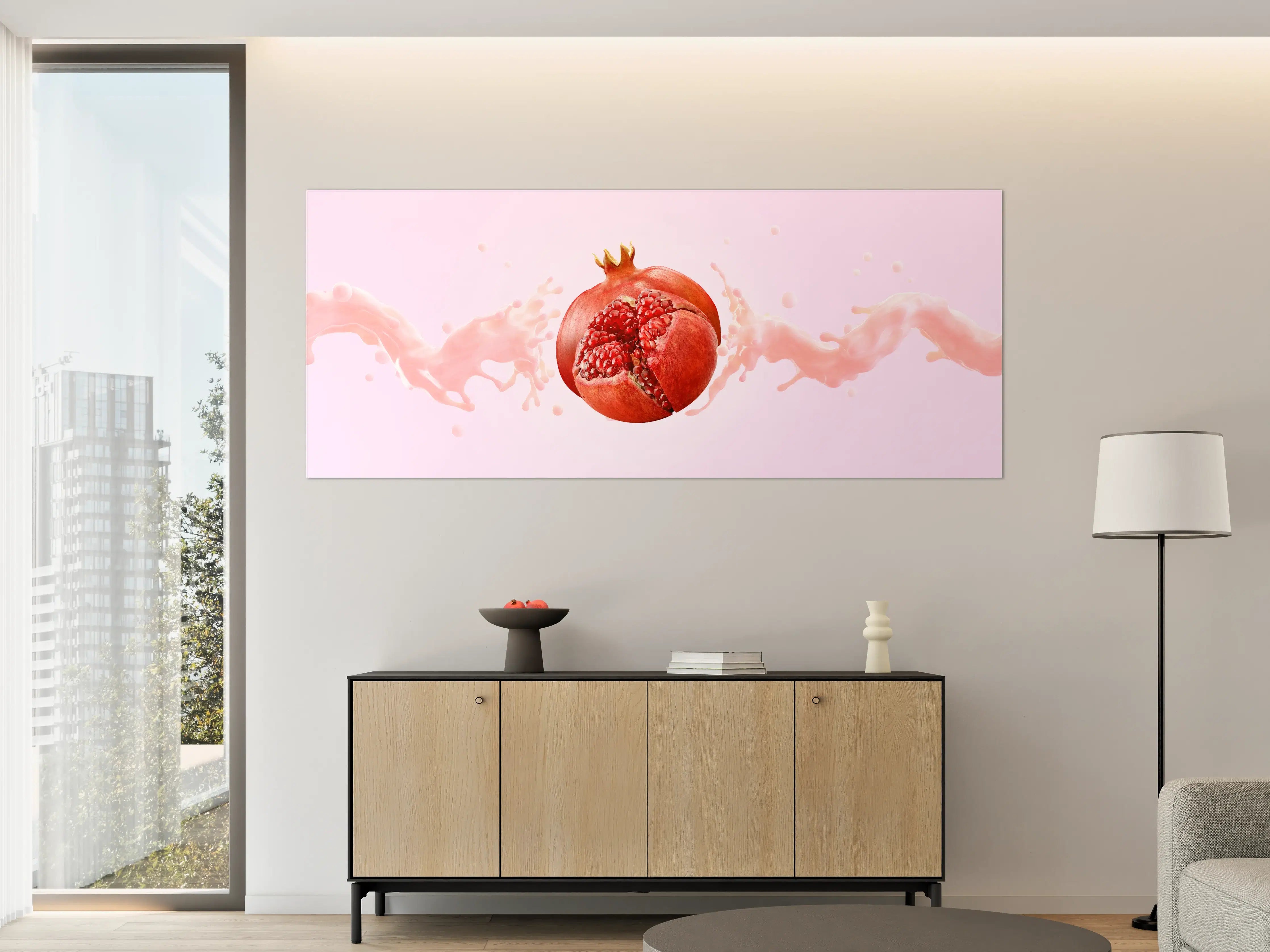 Große Wandbilder - Granatapfel mit rosa Milch-Splash