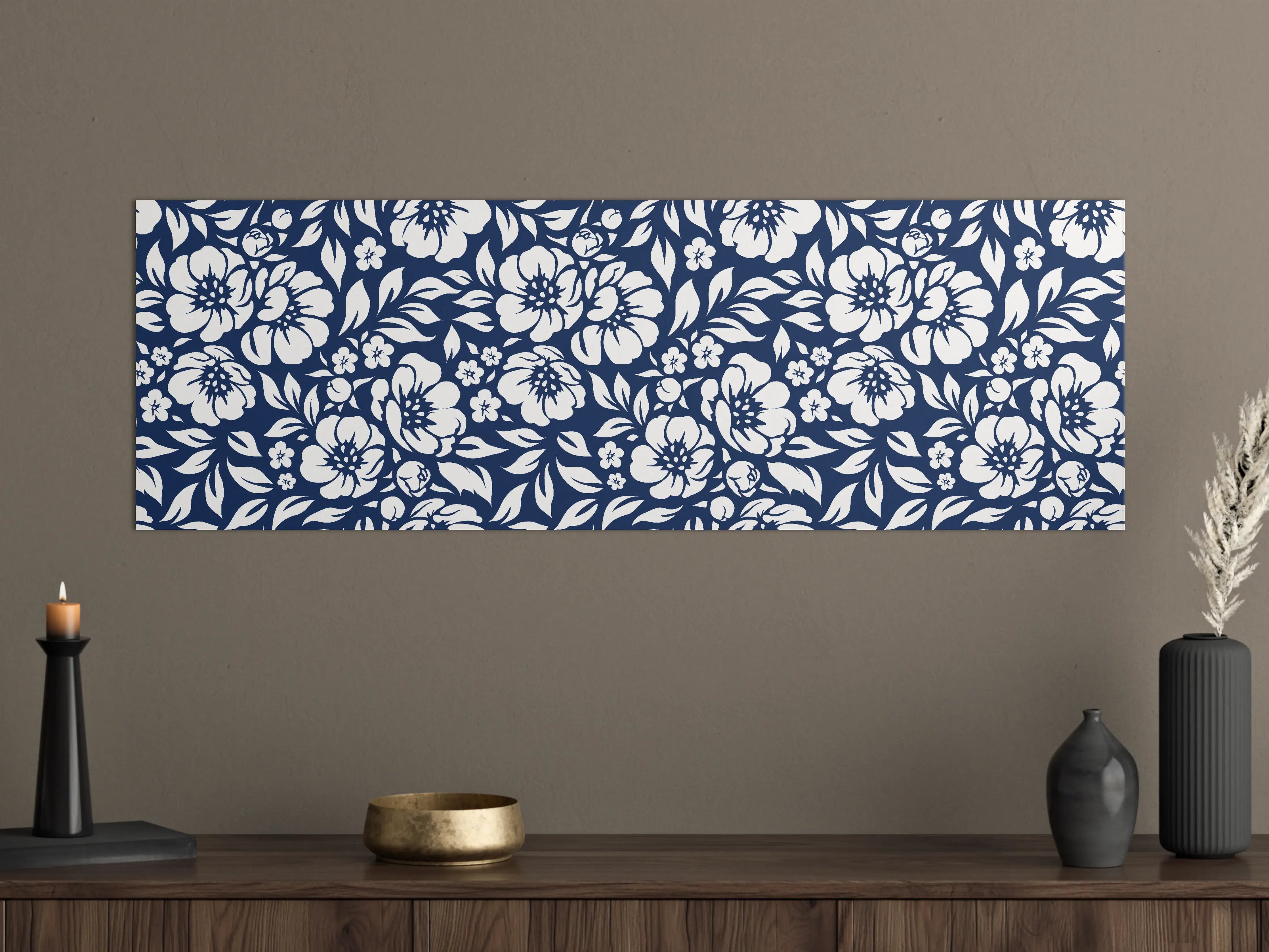Große Wandbilder - Graue Blüten im Blau-Weiß-Muster