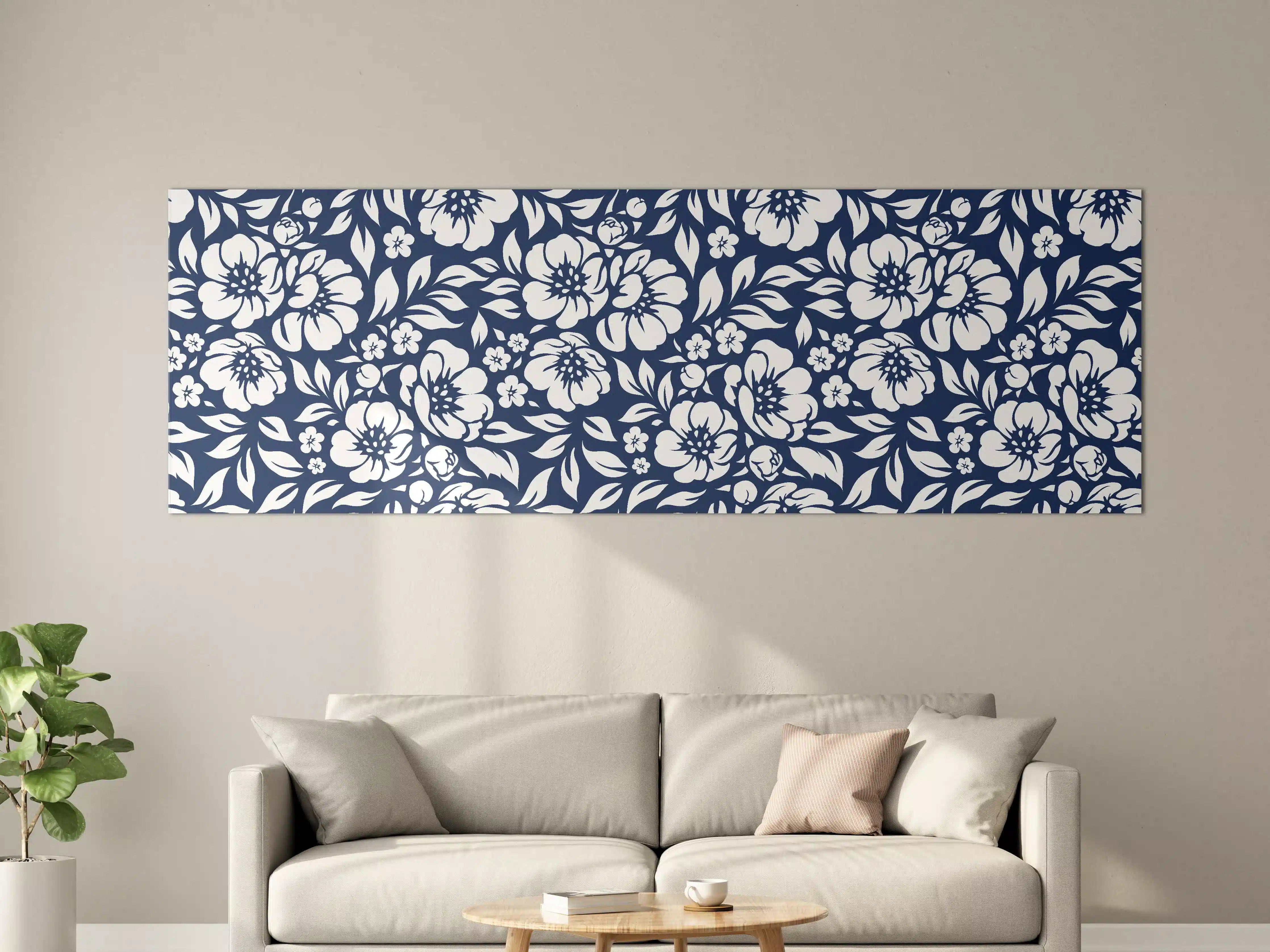 Große Wandbilder - Graue Blüten im Blau-Weiß-Muster