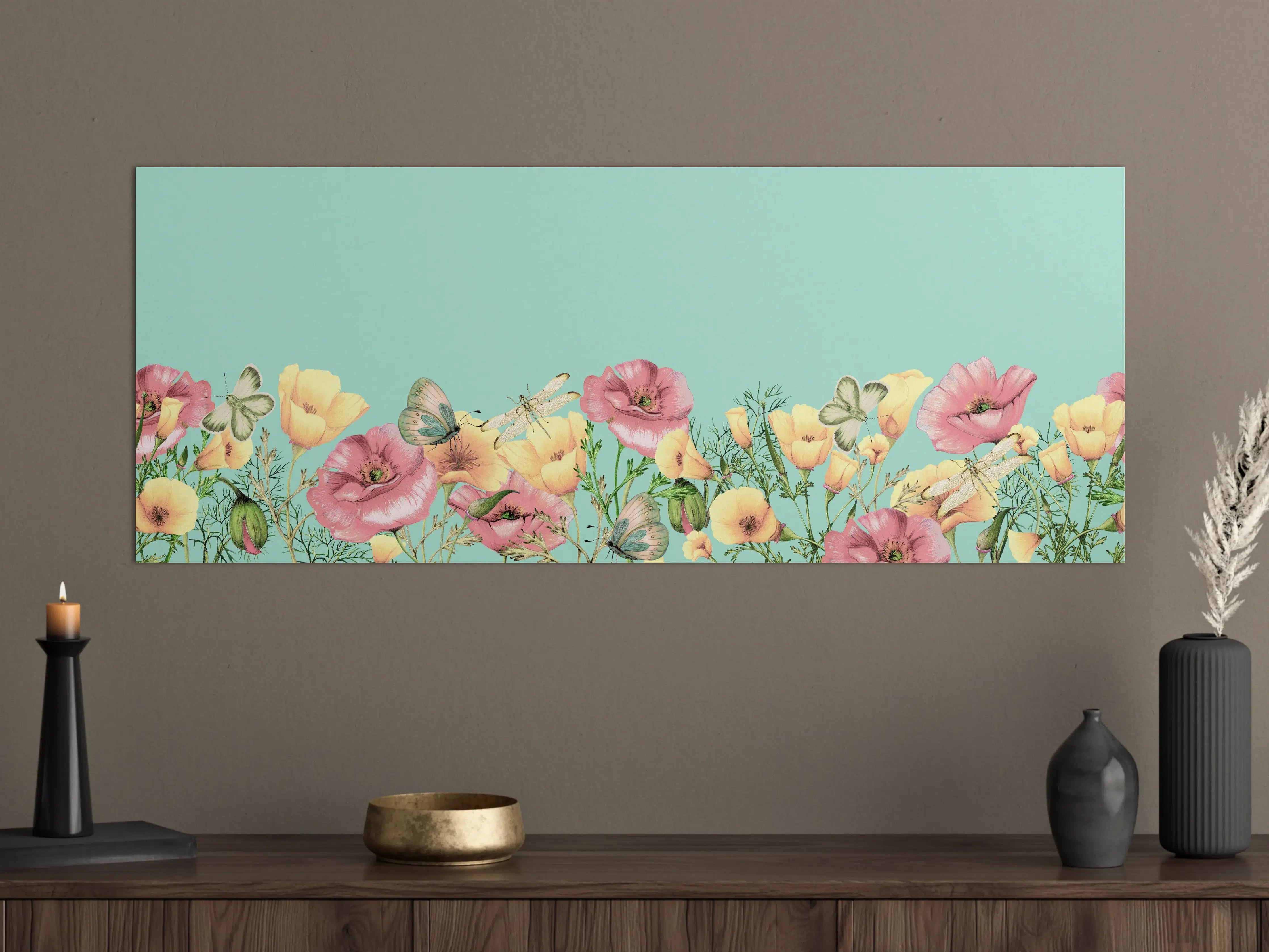 Große Wandbilder - Graue Blumen mit Schmetterlingen