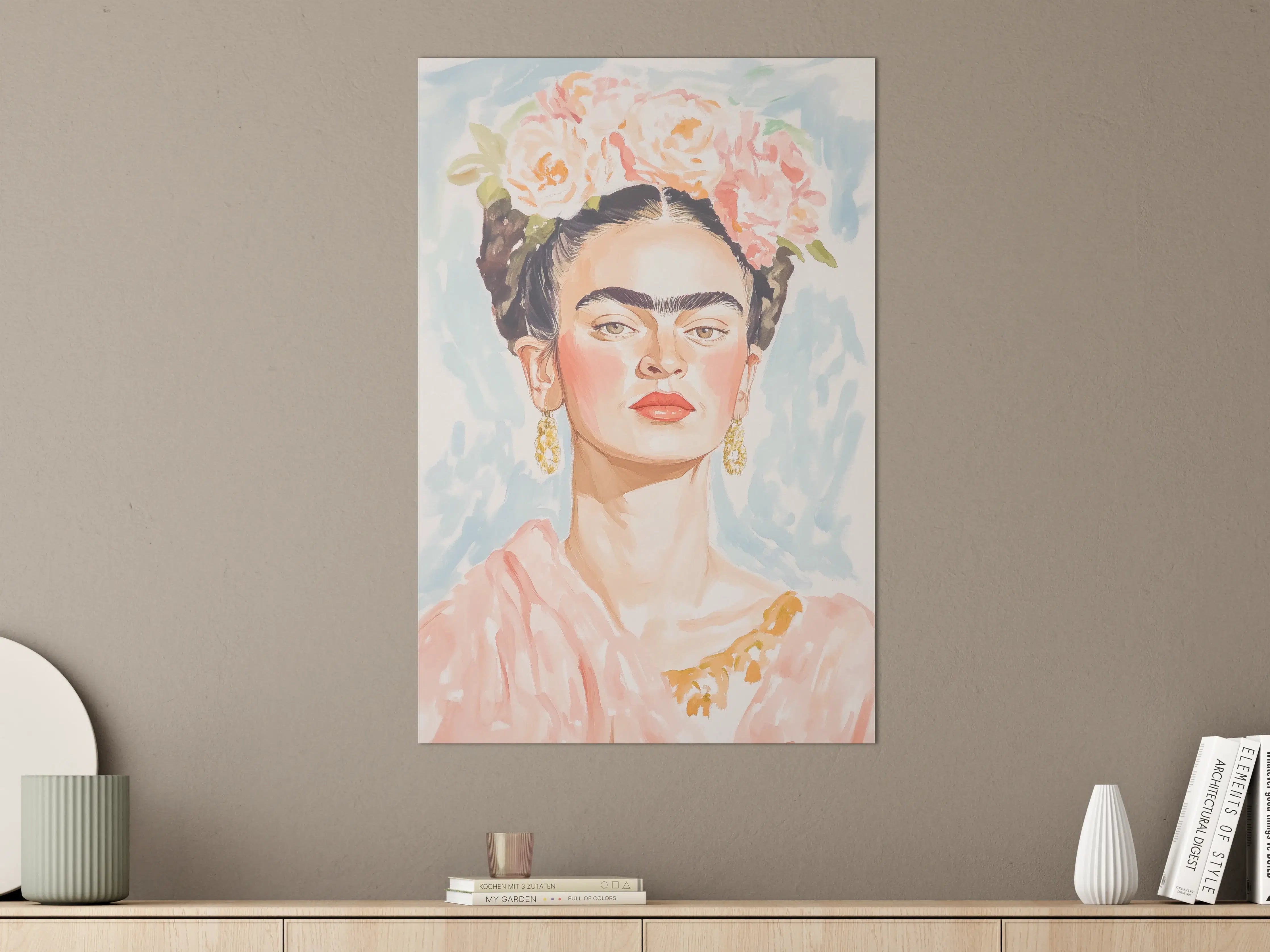 Große Wandbilder - Graue Blumenkranz-Porträt im Kahlo-Stil