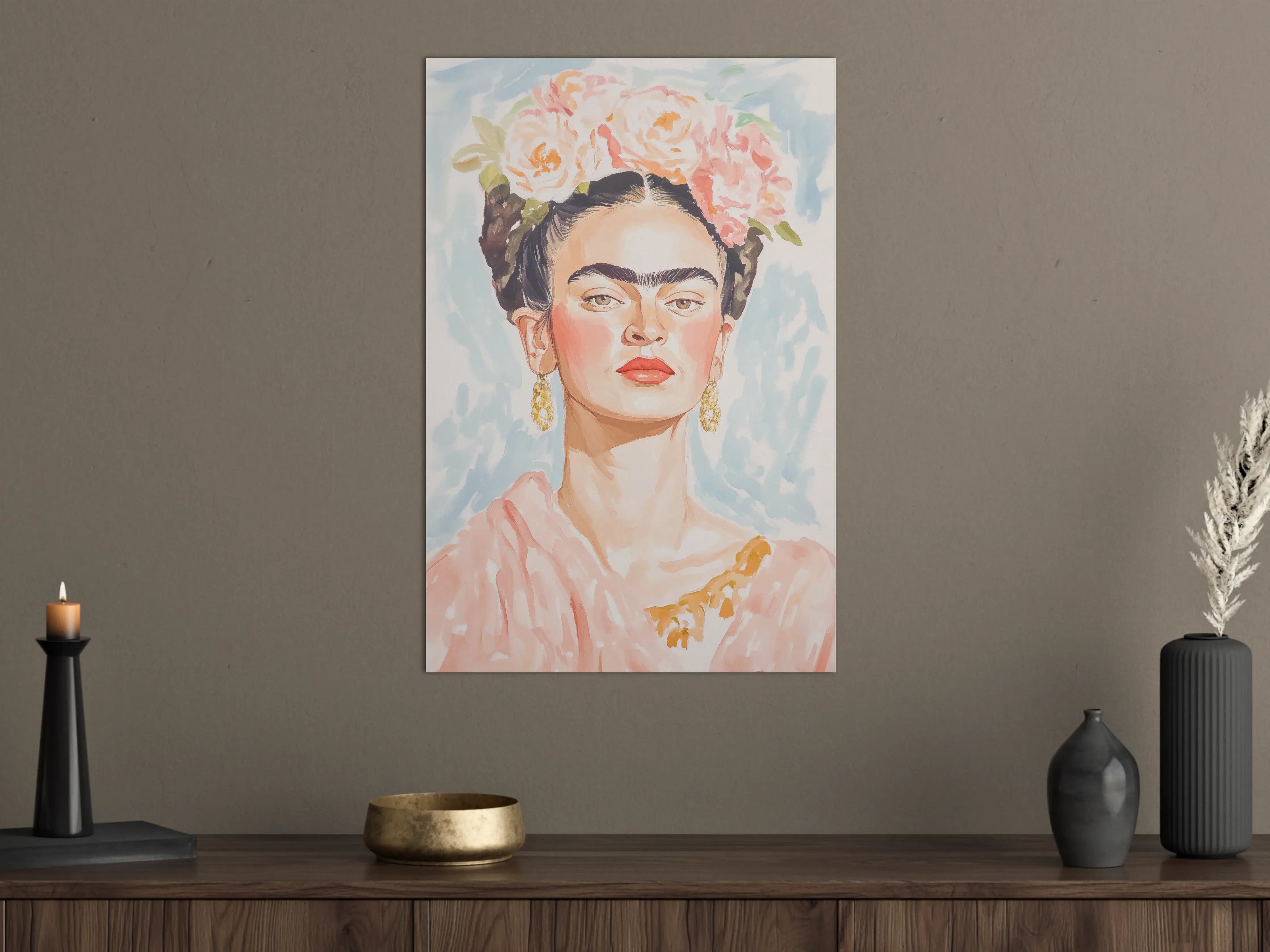 Große Wandbilder - Graue Blumenkranz-Porträt im Kahlo-Stil