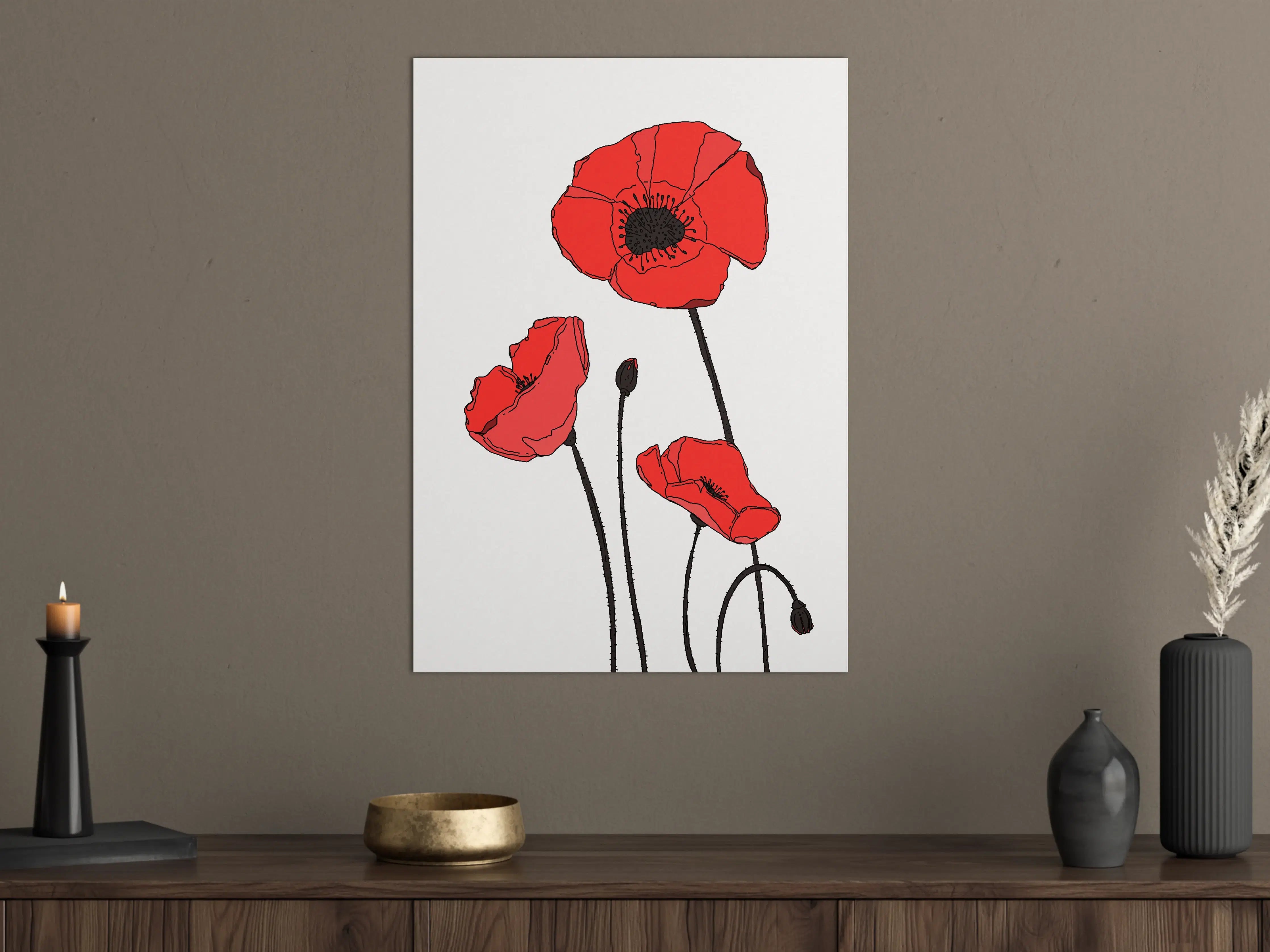 Große Wandbilder - Graue Schatten, rote Mohnblumen