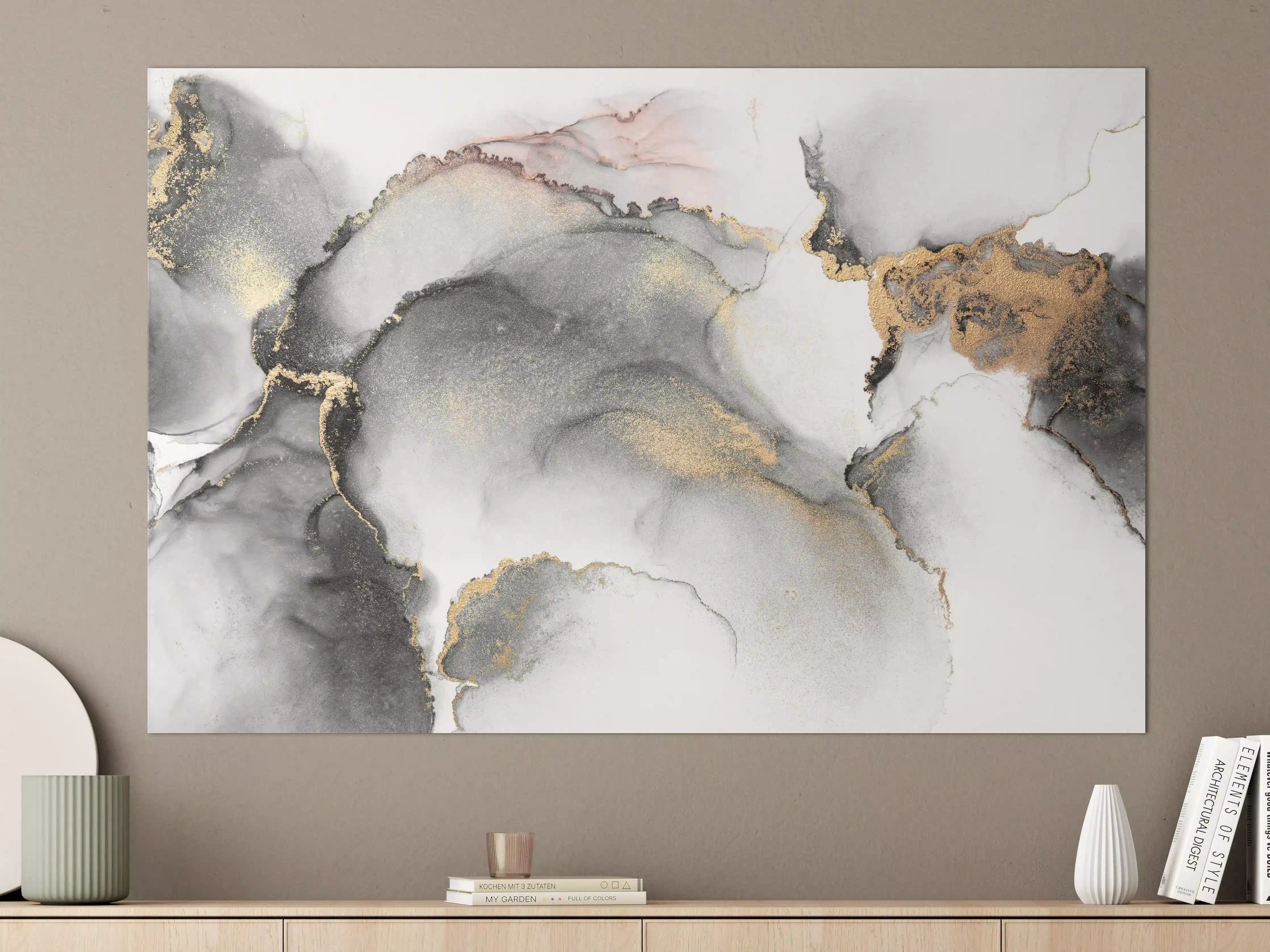 Große Wandbilder - Graue Wasserfarben-Kunst mit Goldakzenten