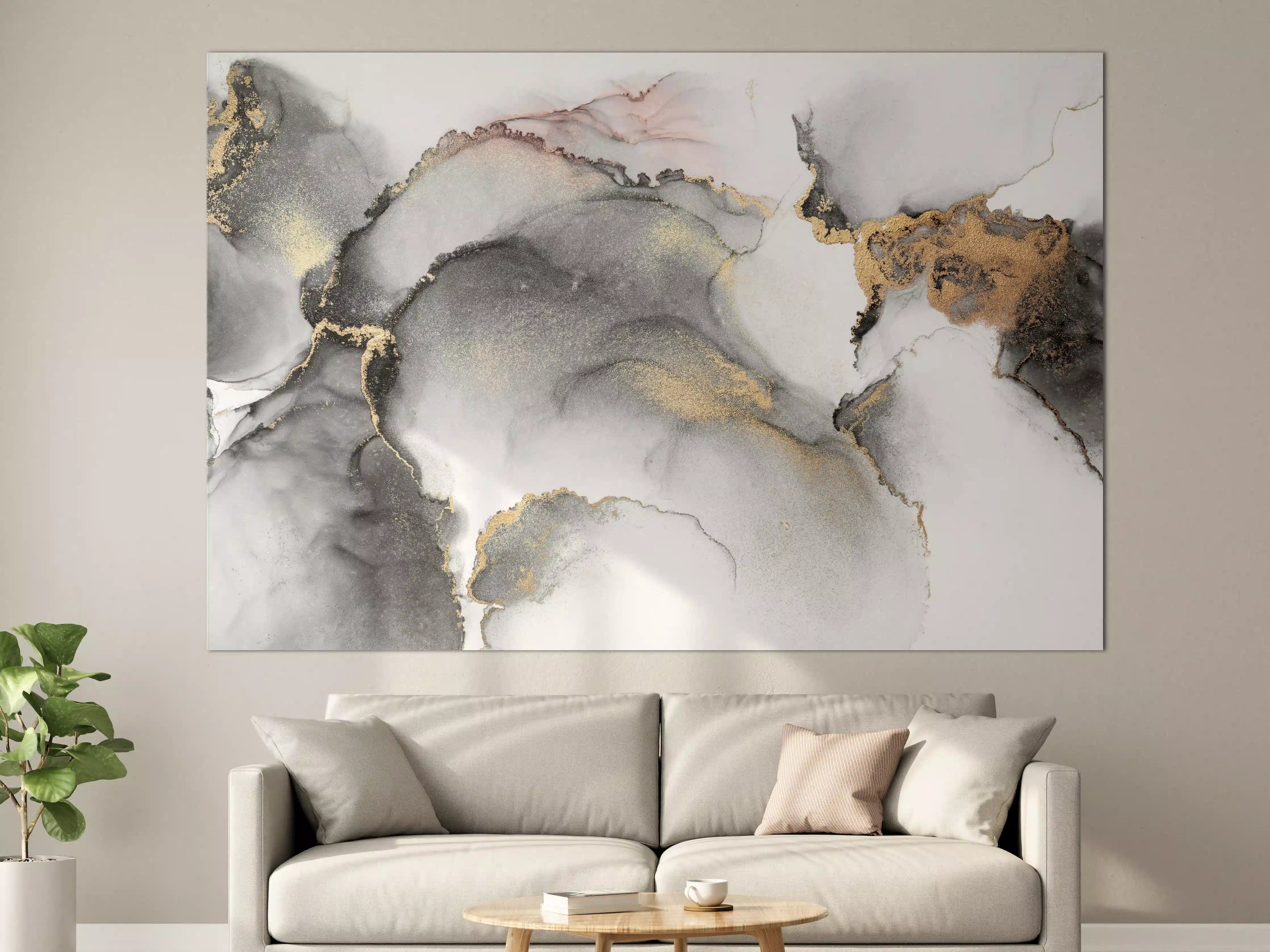 Große Wandbilder - Graue Wasserfarben-Kunst mit Goldakzenten