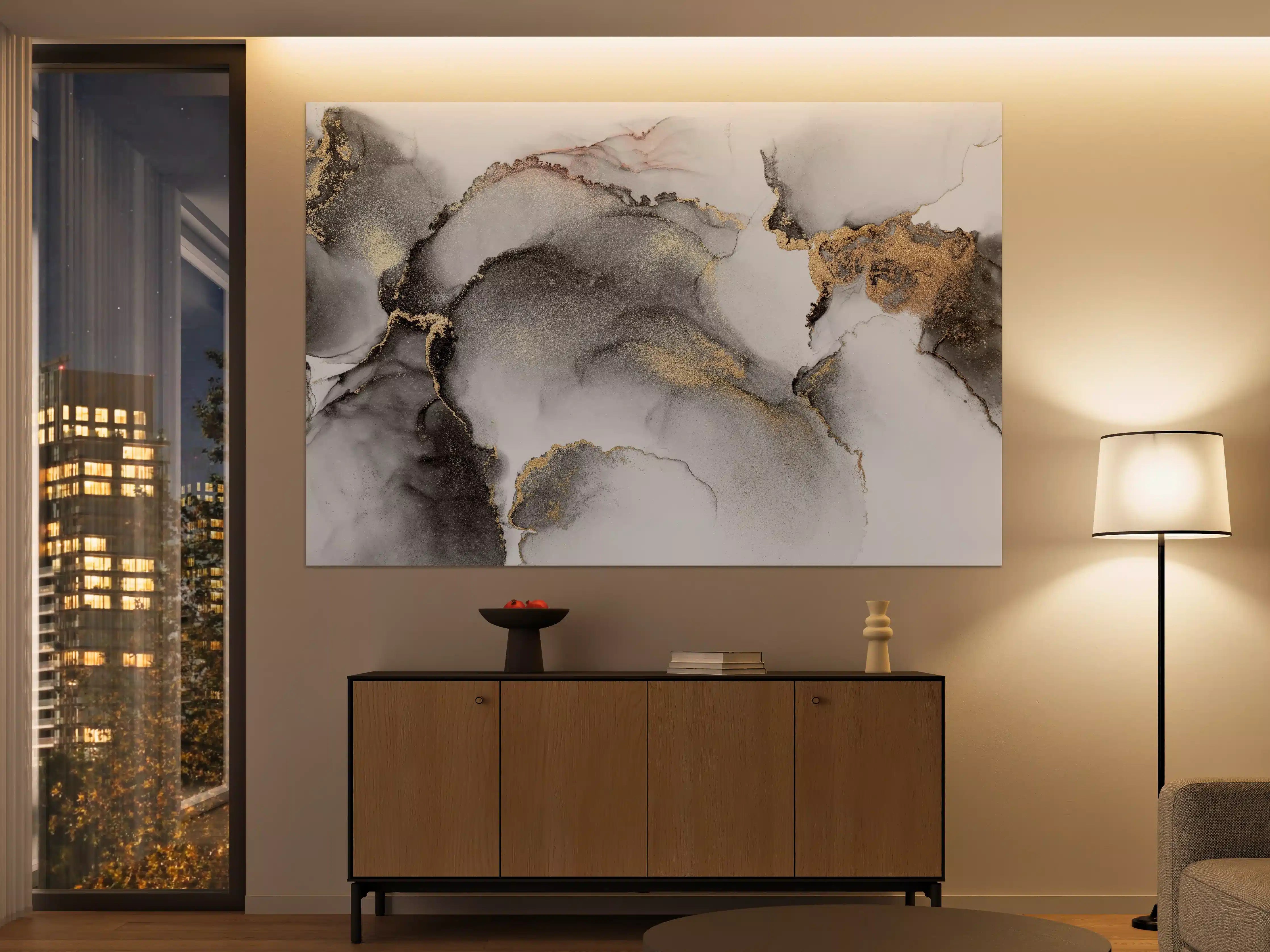 Große Wandbilder - Graue Wasserfarben-Kunst mit Goldakzenten