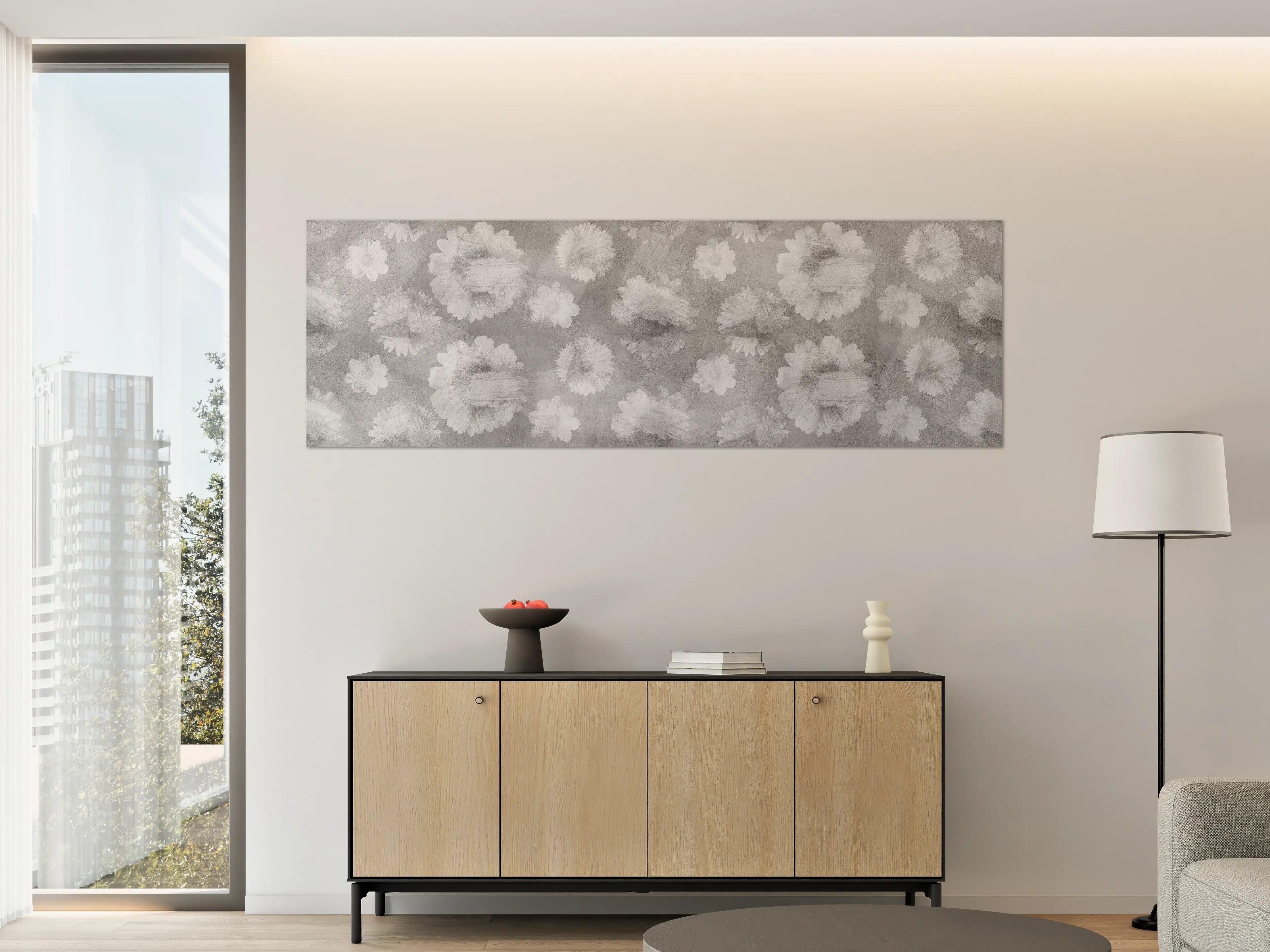 Große Wandbilder - Graue Zement Wand mit weißem Blumenmuster