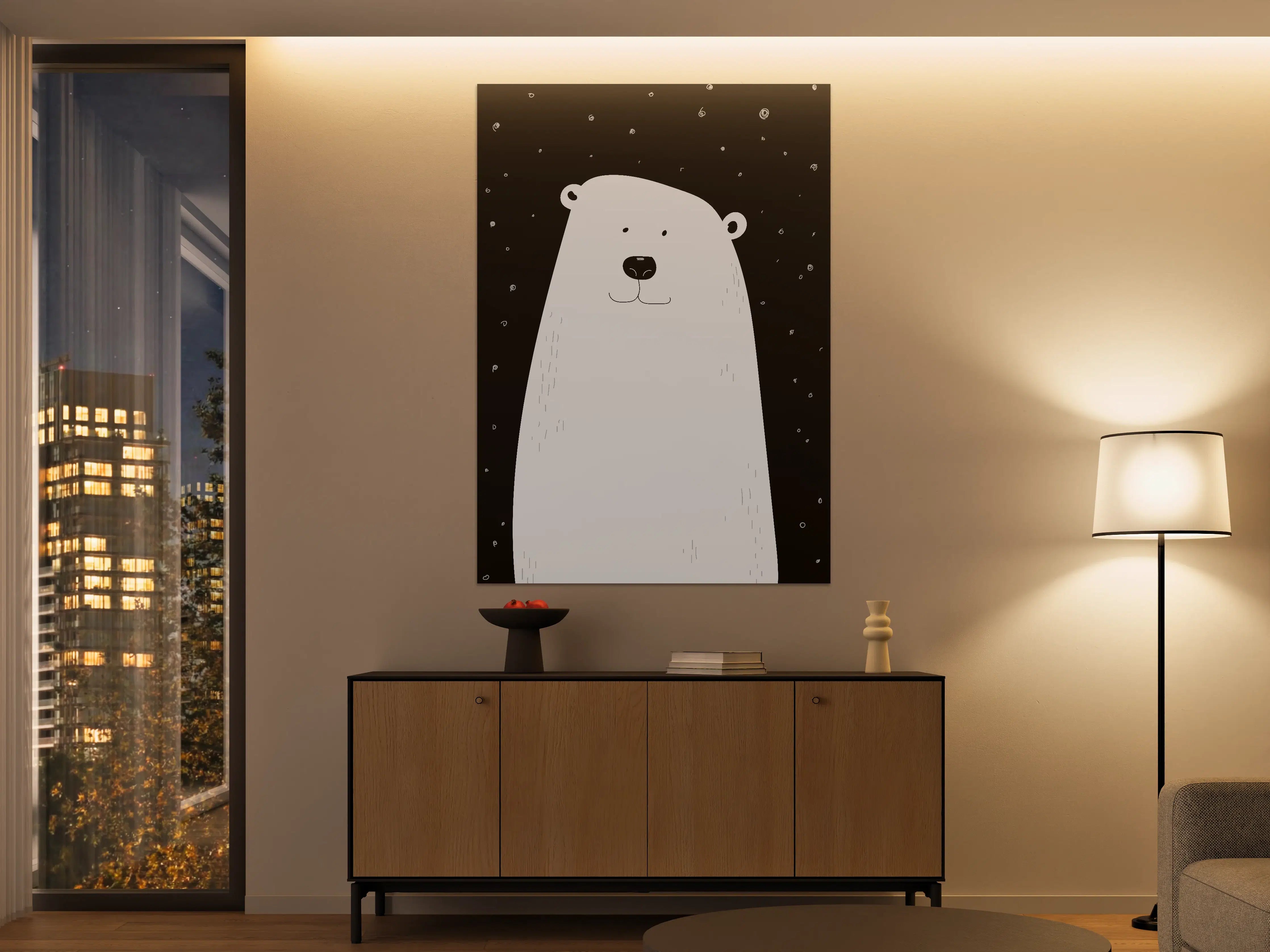Große Wandbilder - Grauer Bär auf schwarzem Hintergrund mit Schneeflocken