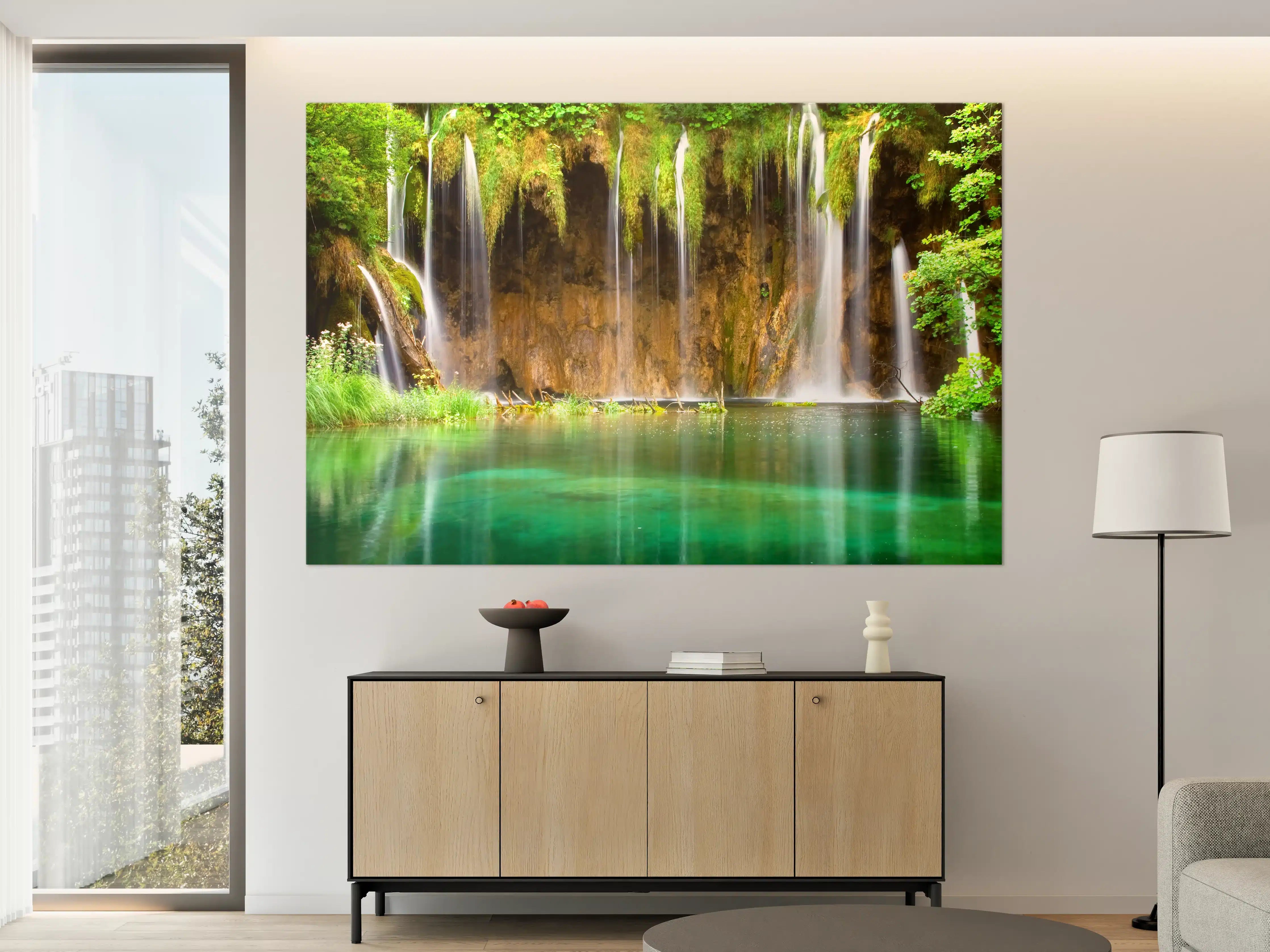 Große Wandbilder - Grauer Wasserfall in Grüner Idylle