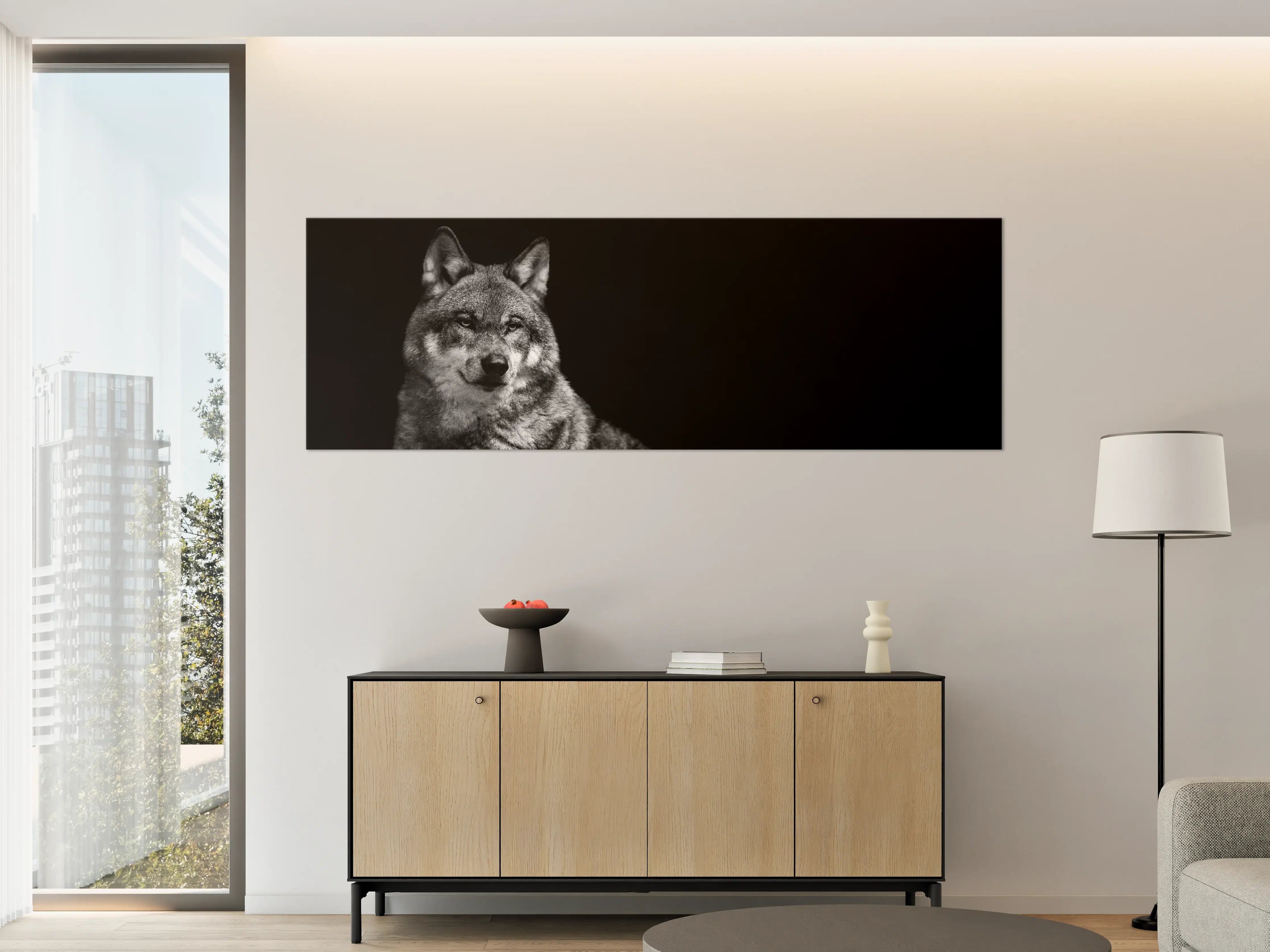 Große Wandbilder - Grauer Wolf auf schwarzem Hintergrund