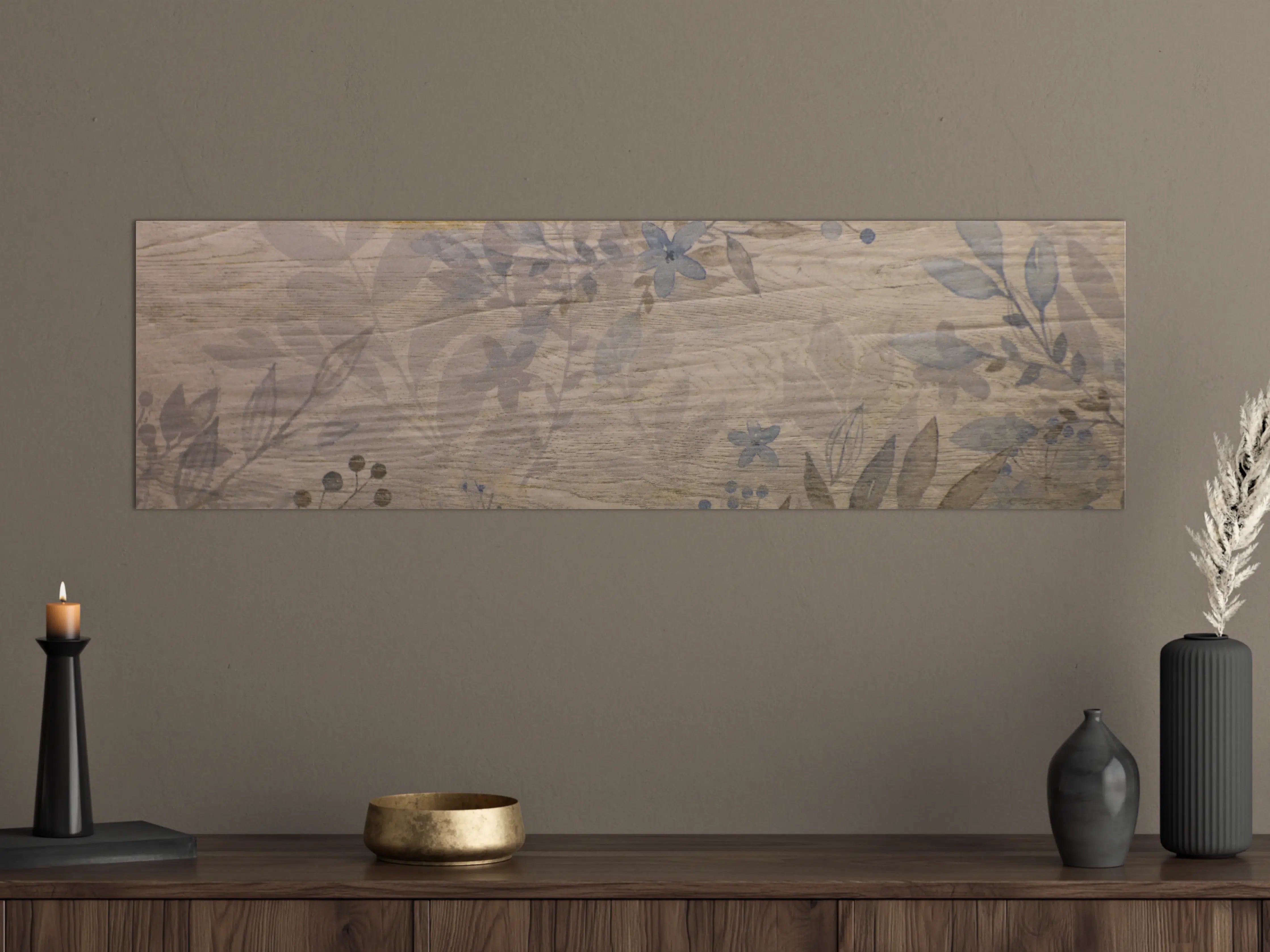 Große Wandbilder - Graues Holz mit Blumenmuster
