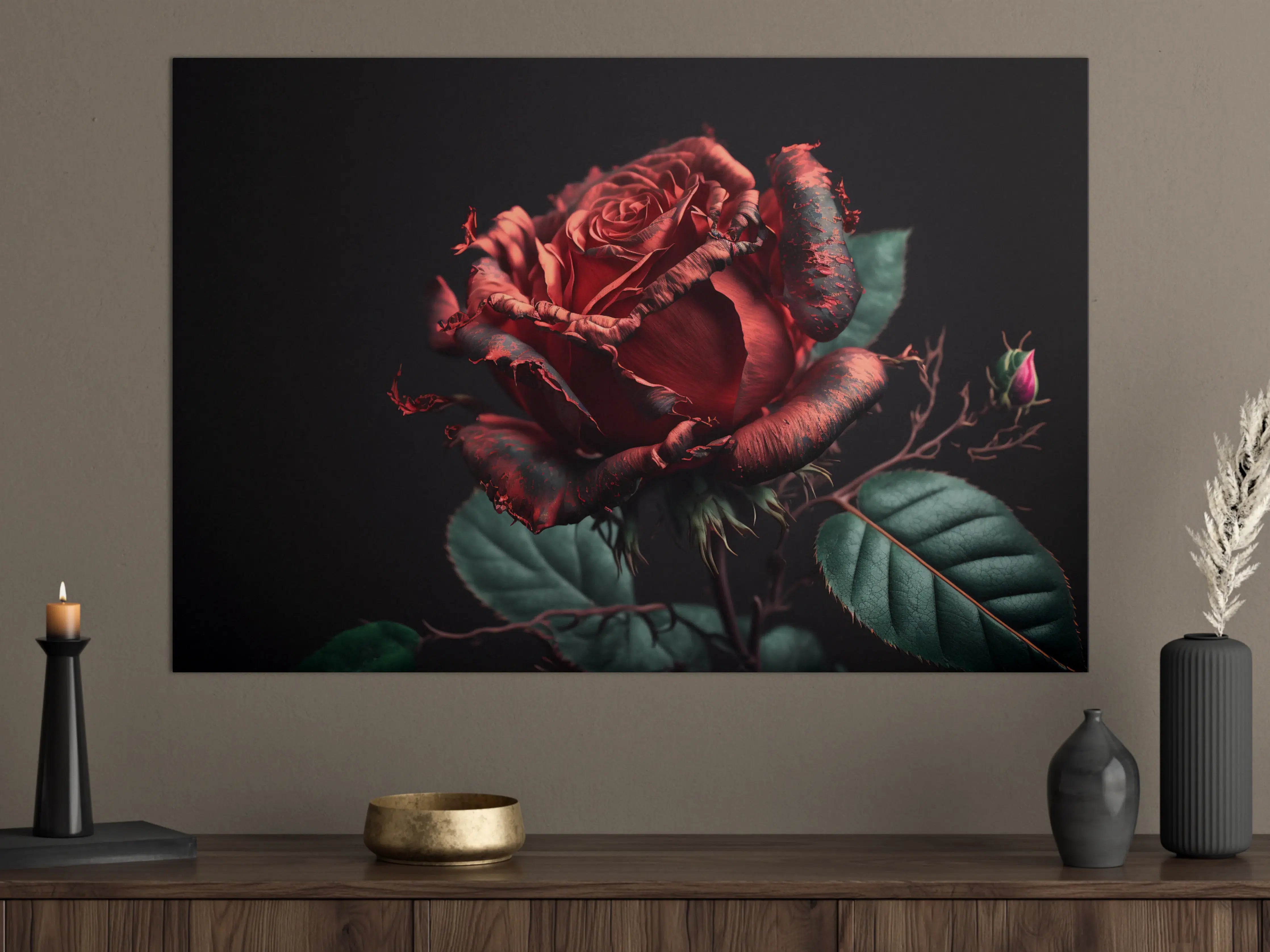 Große Wandbilder - Graues Silberne Rose mit Grünen Blättern