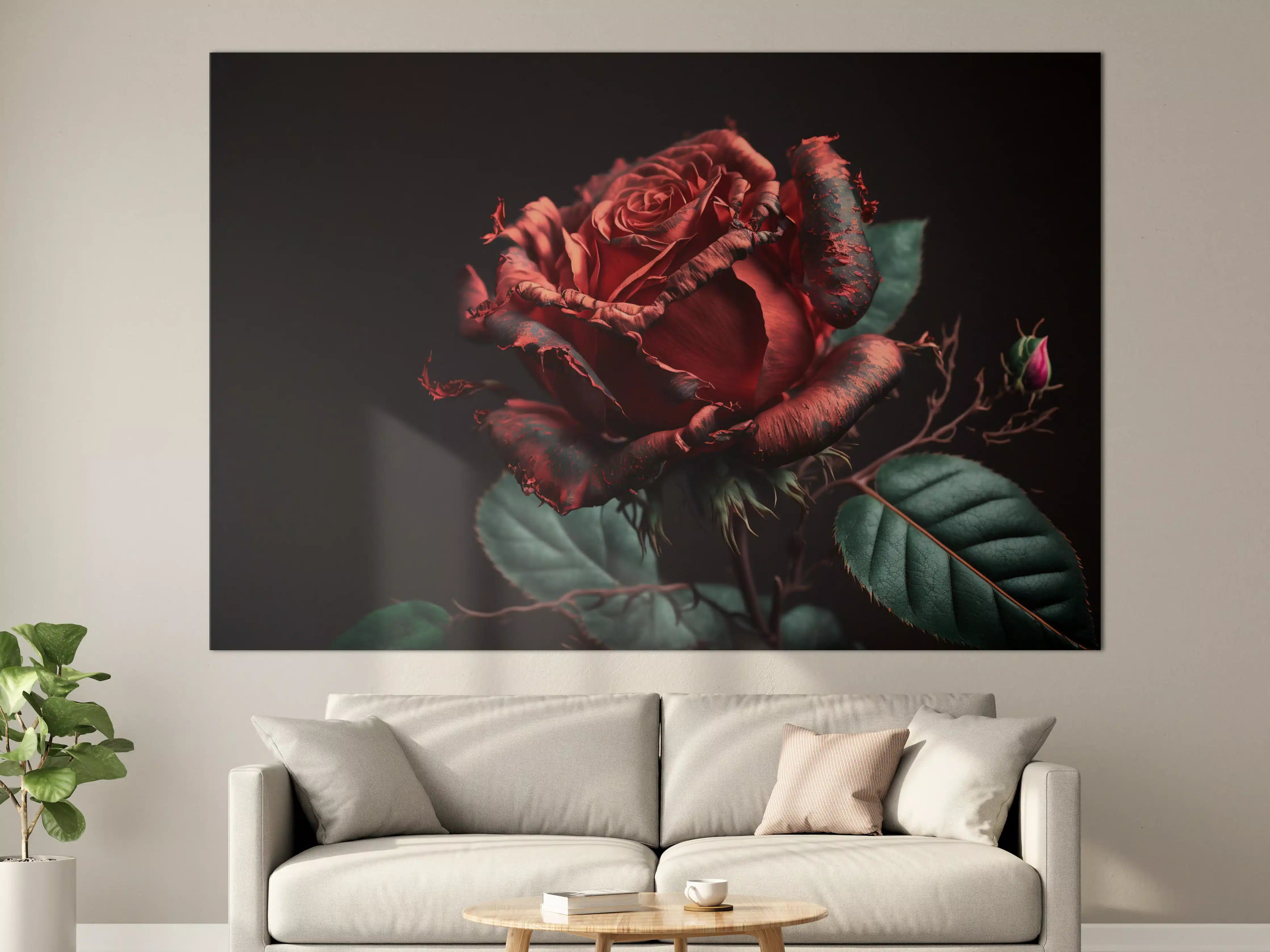 Große Wandbilder - Graues Silberne Rose mit Grünen Blättern