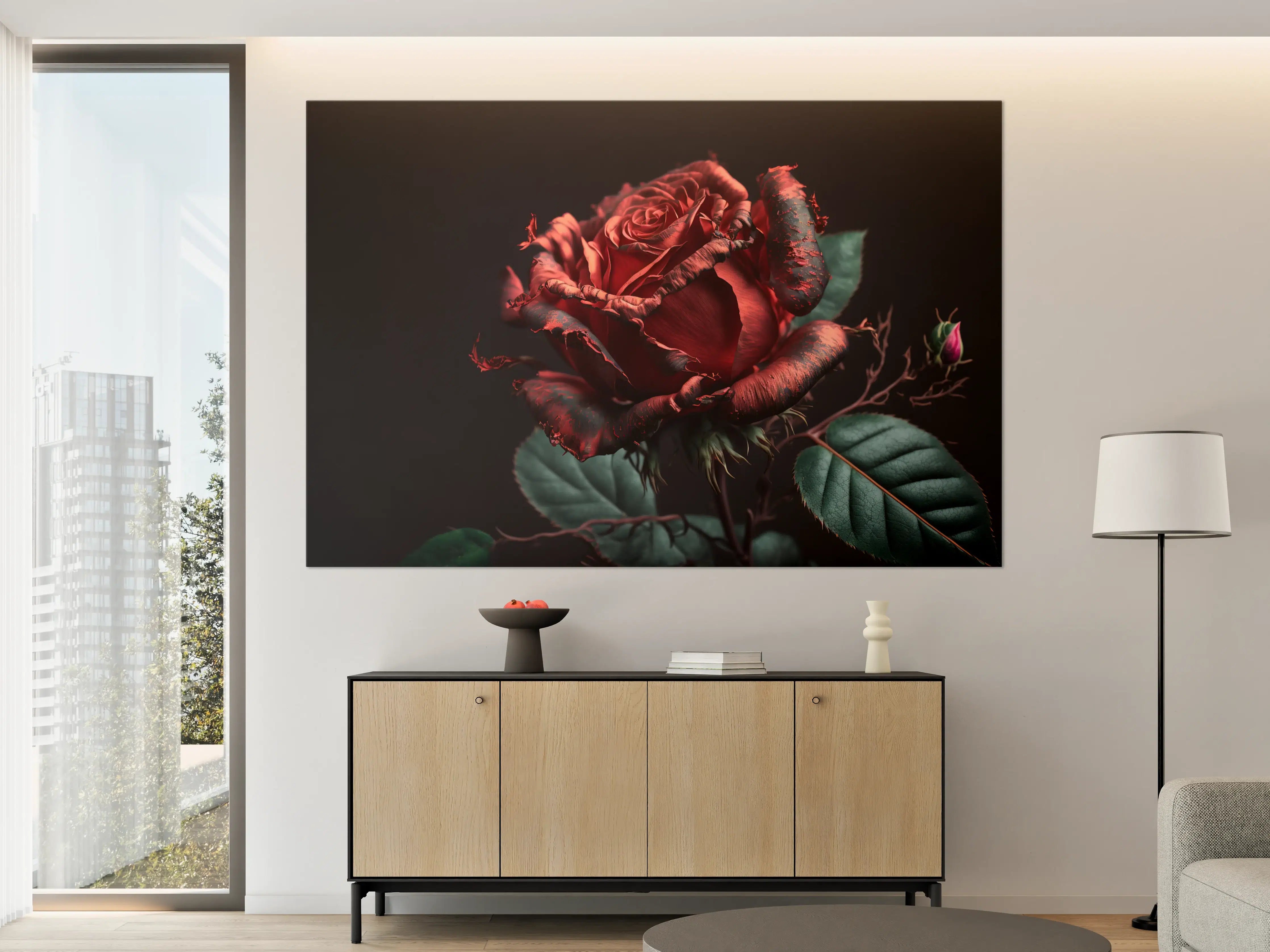 Große Wandbilder - Graues Silberne Rose mit Grünen Blättern