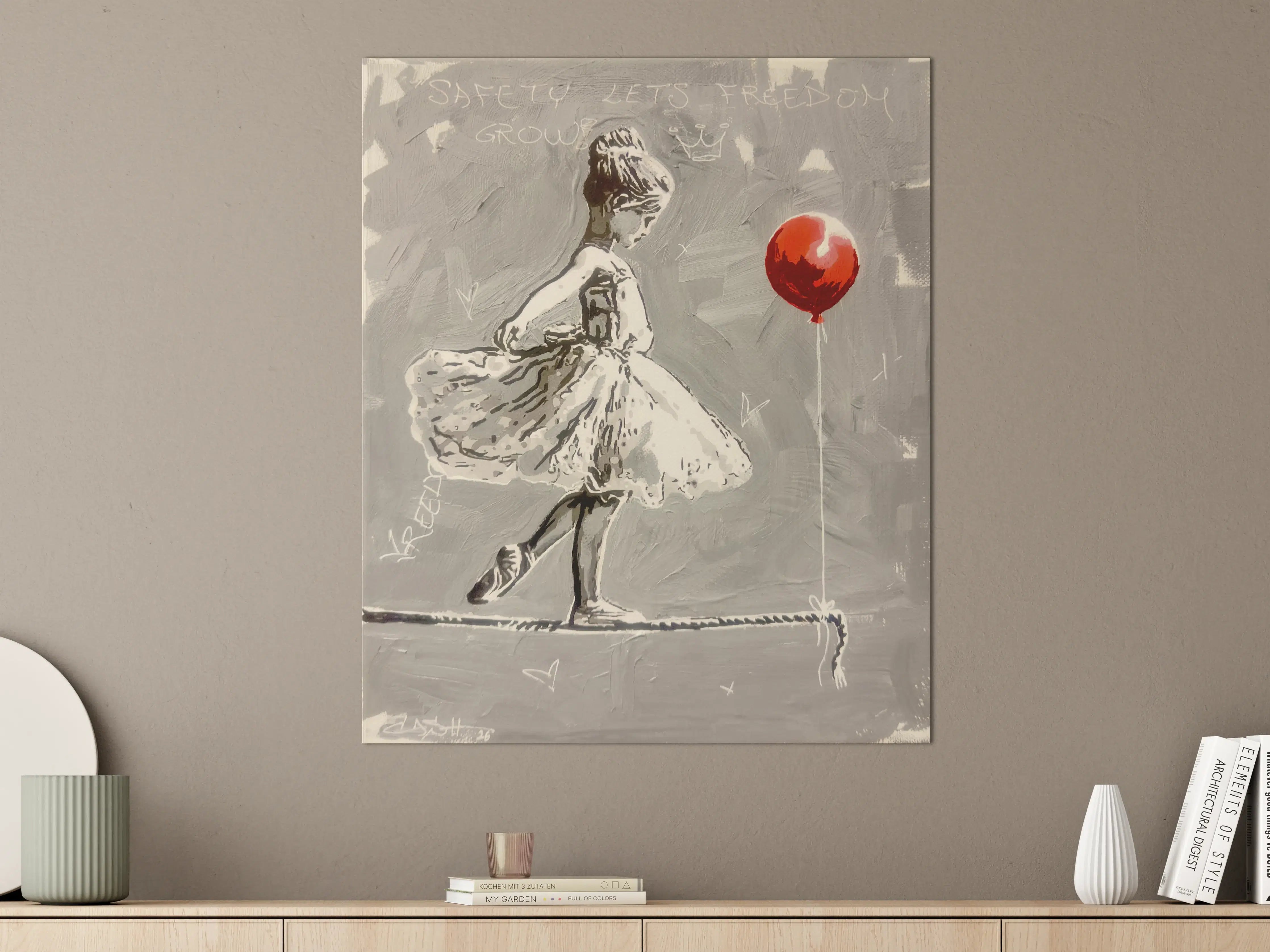Große Wandbilder - Graues Street Art Mädchen mit rotem Ballon