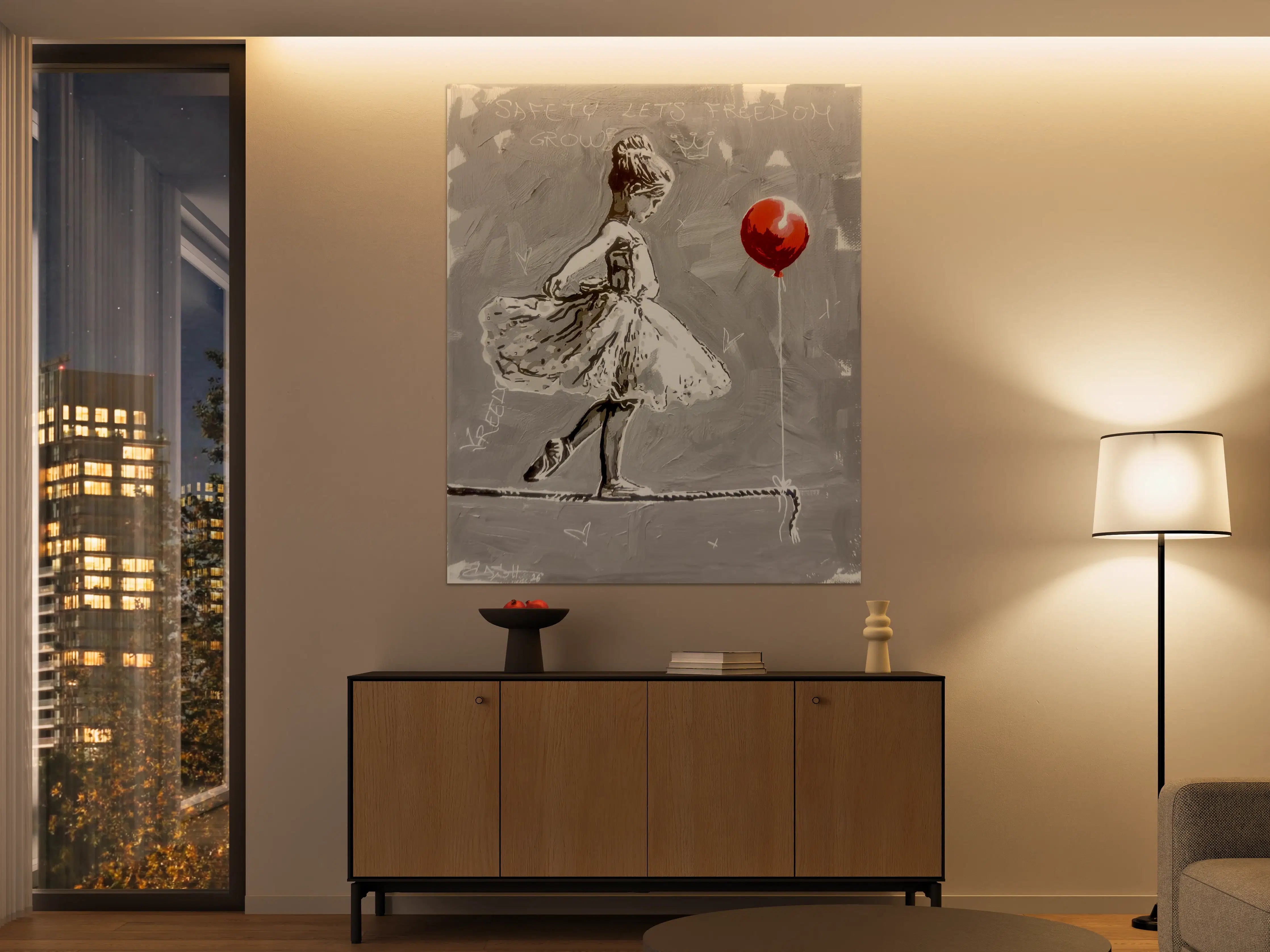 Große Wandbilder - Graues Street Art Mädchen mit rotem Ballon