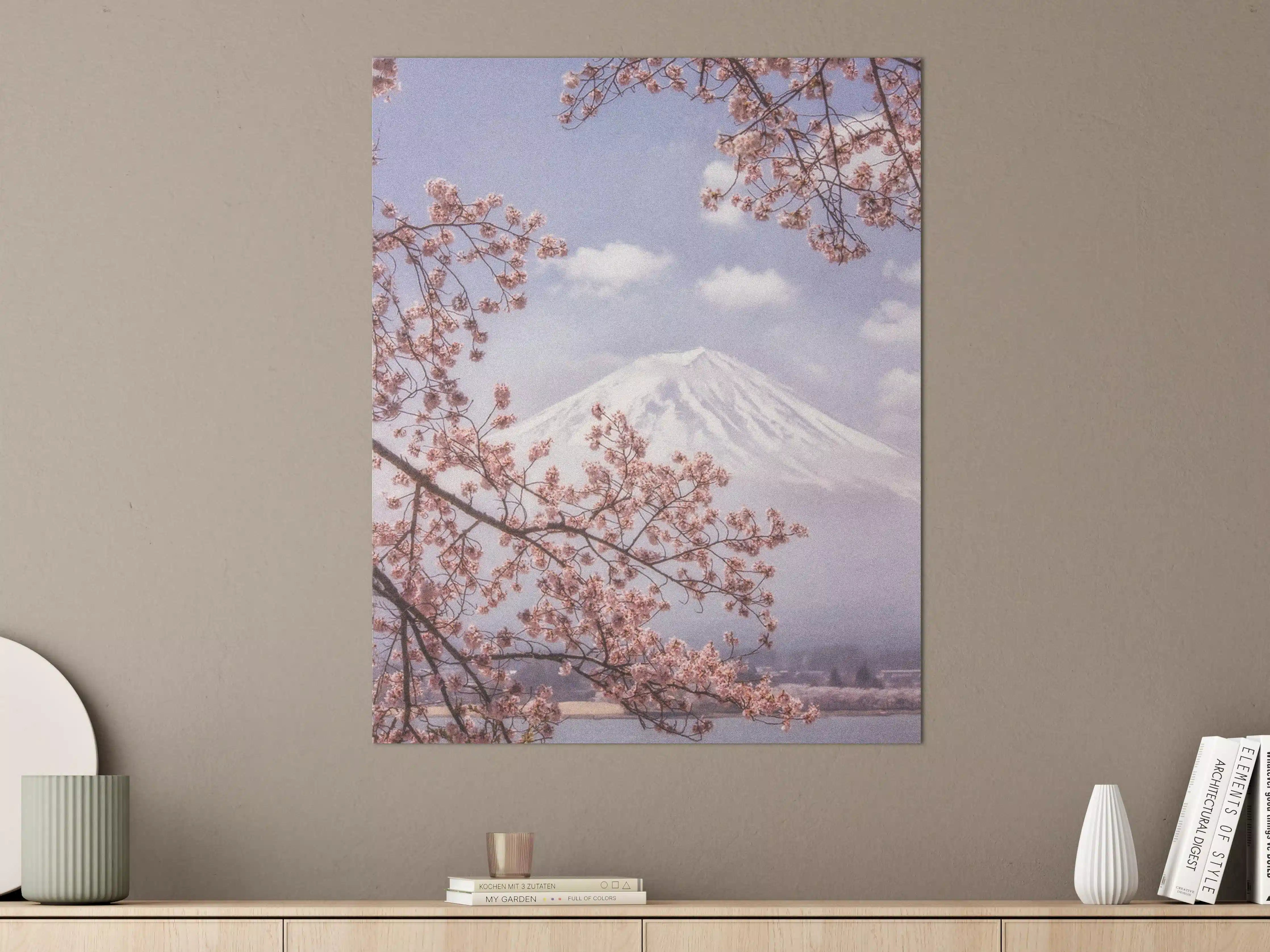 Große Wandbilder - Großer Berg hinter Kirchblüten - Japan