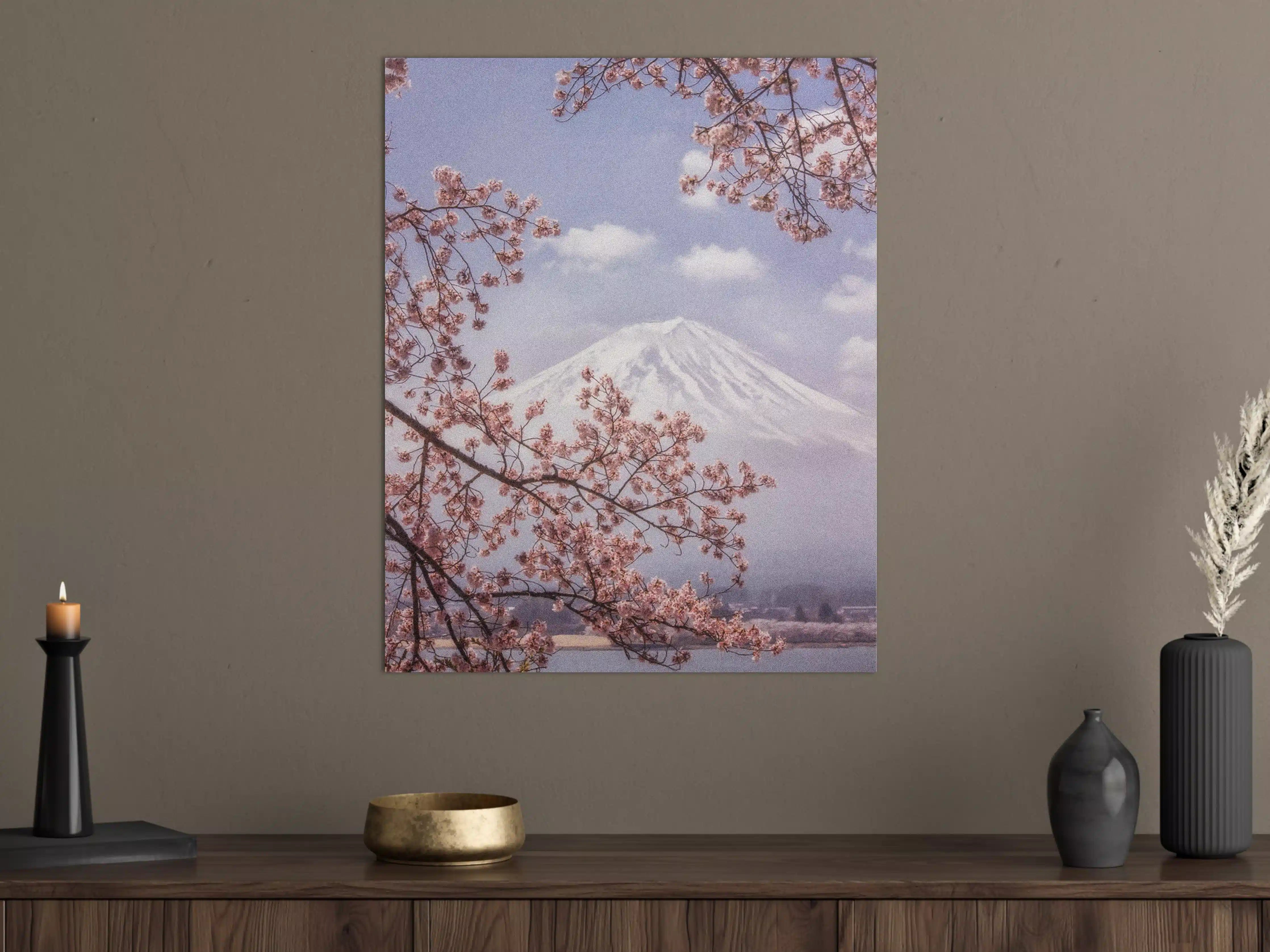 Große Wandbilder - Großer Berg hinter Kirchblüten - Japan