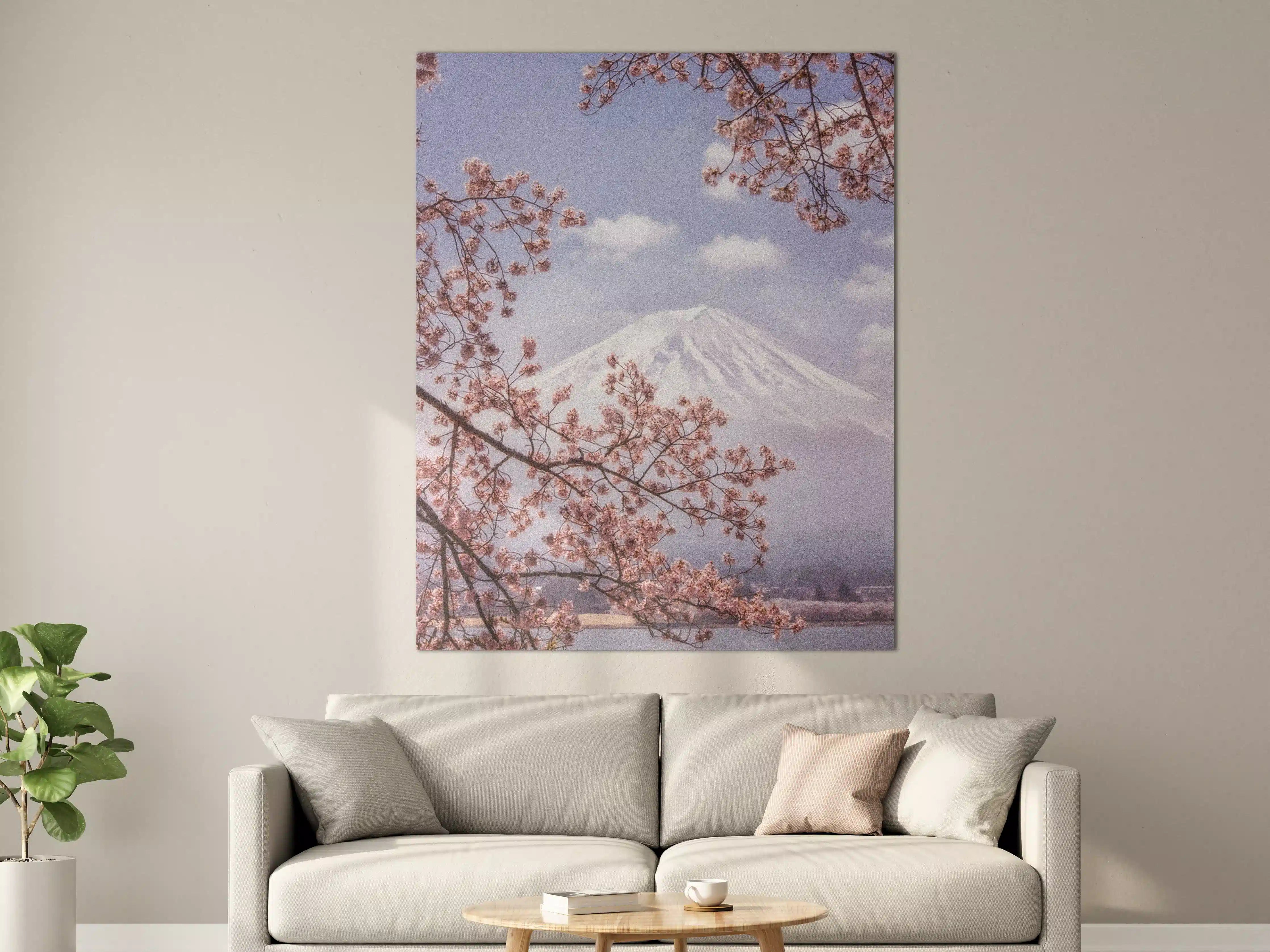 Große Wandbilder - Großer Berg hinter Kirchblüten - Japan