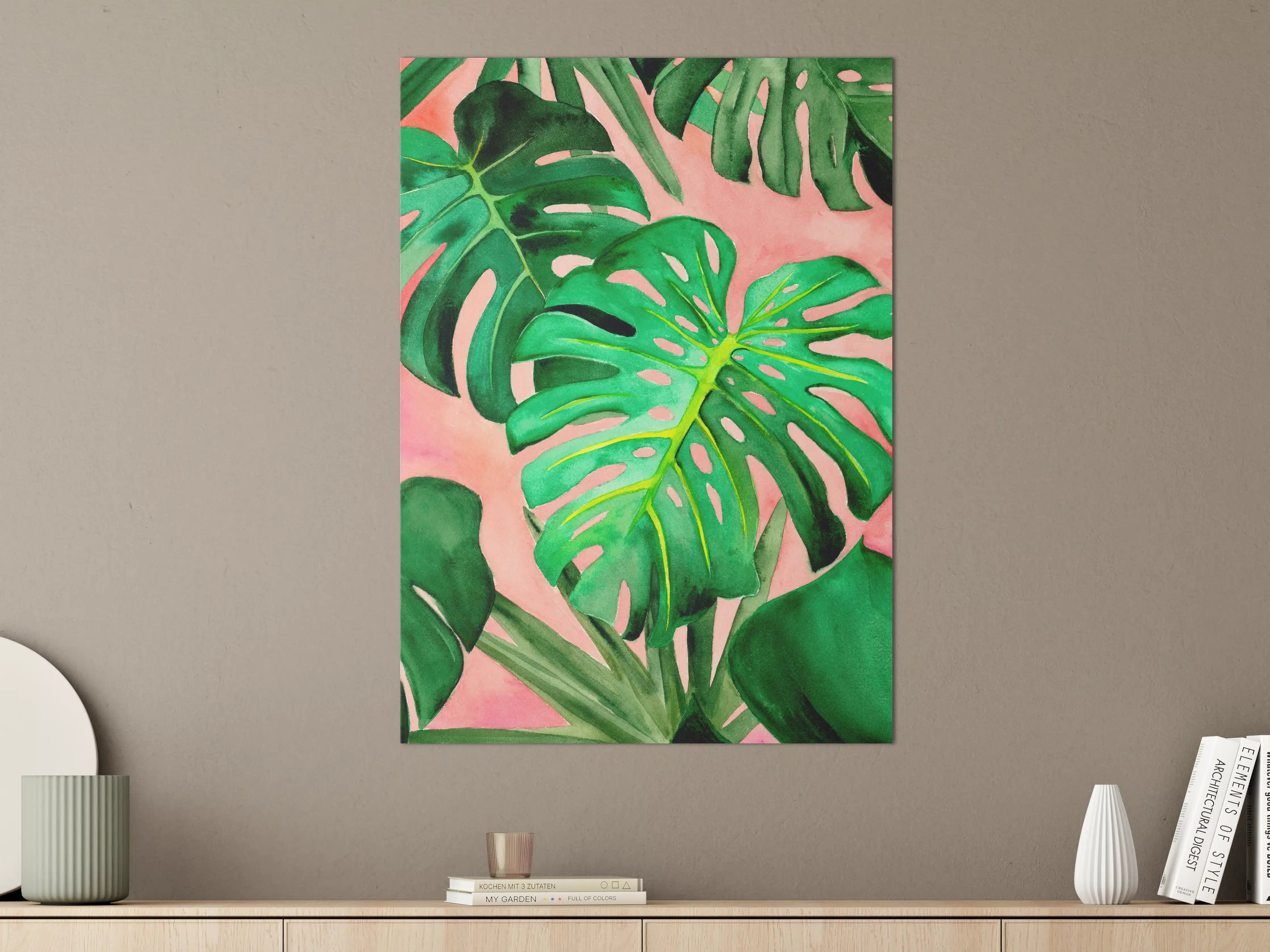 Große Wandbilder - Grüne Monstera-Blätter vor rosa Hintergrund