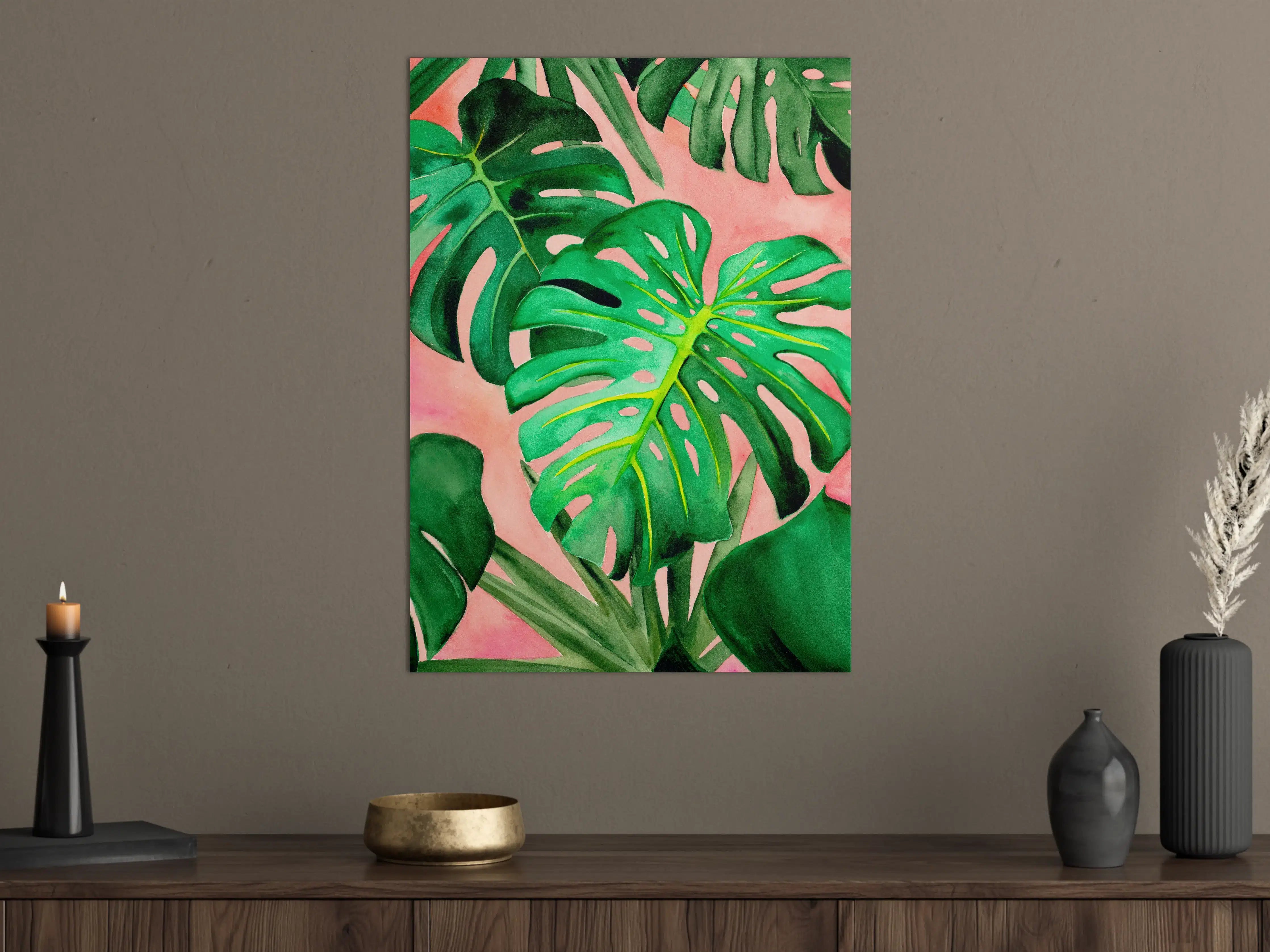 Große Wandbilder - Grüne Monstera-Blätter vor rosa Hintergrund