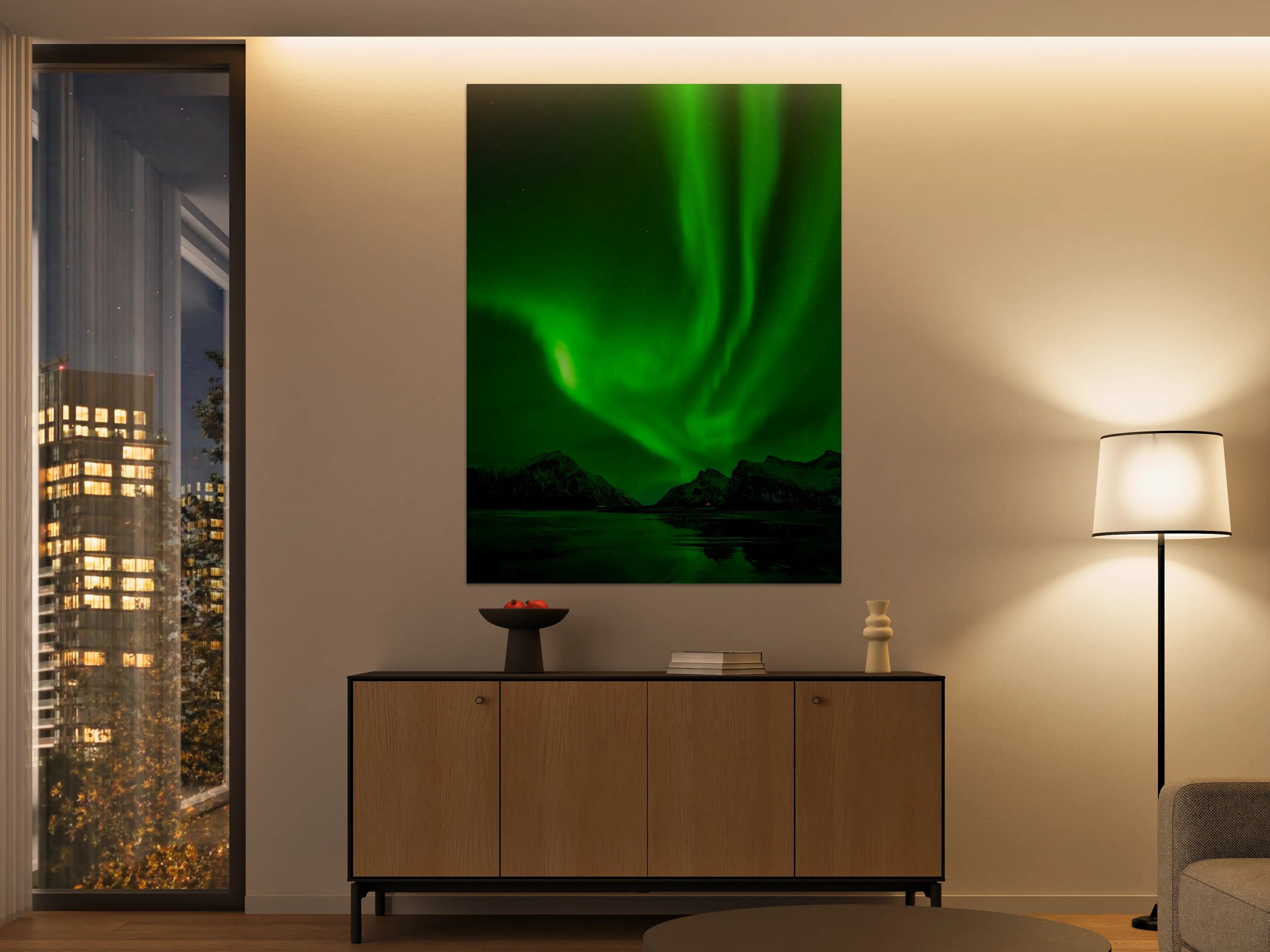 Große Wandbilder - Grüne Nordlichter über Bergen