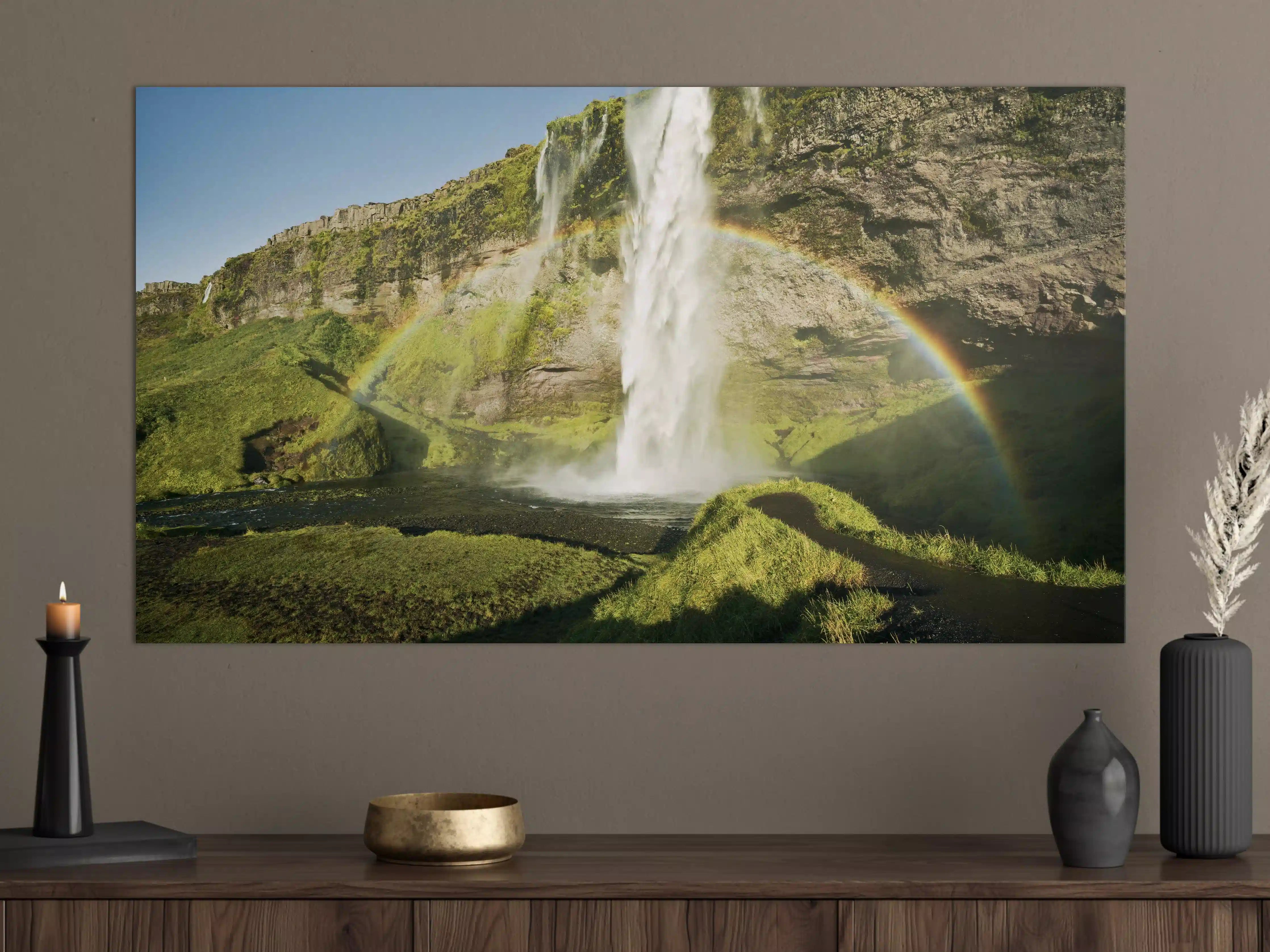 Große Wandbilder - Grüne Wasserfall-Landschaft mit Regenbogen