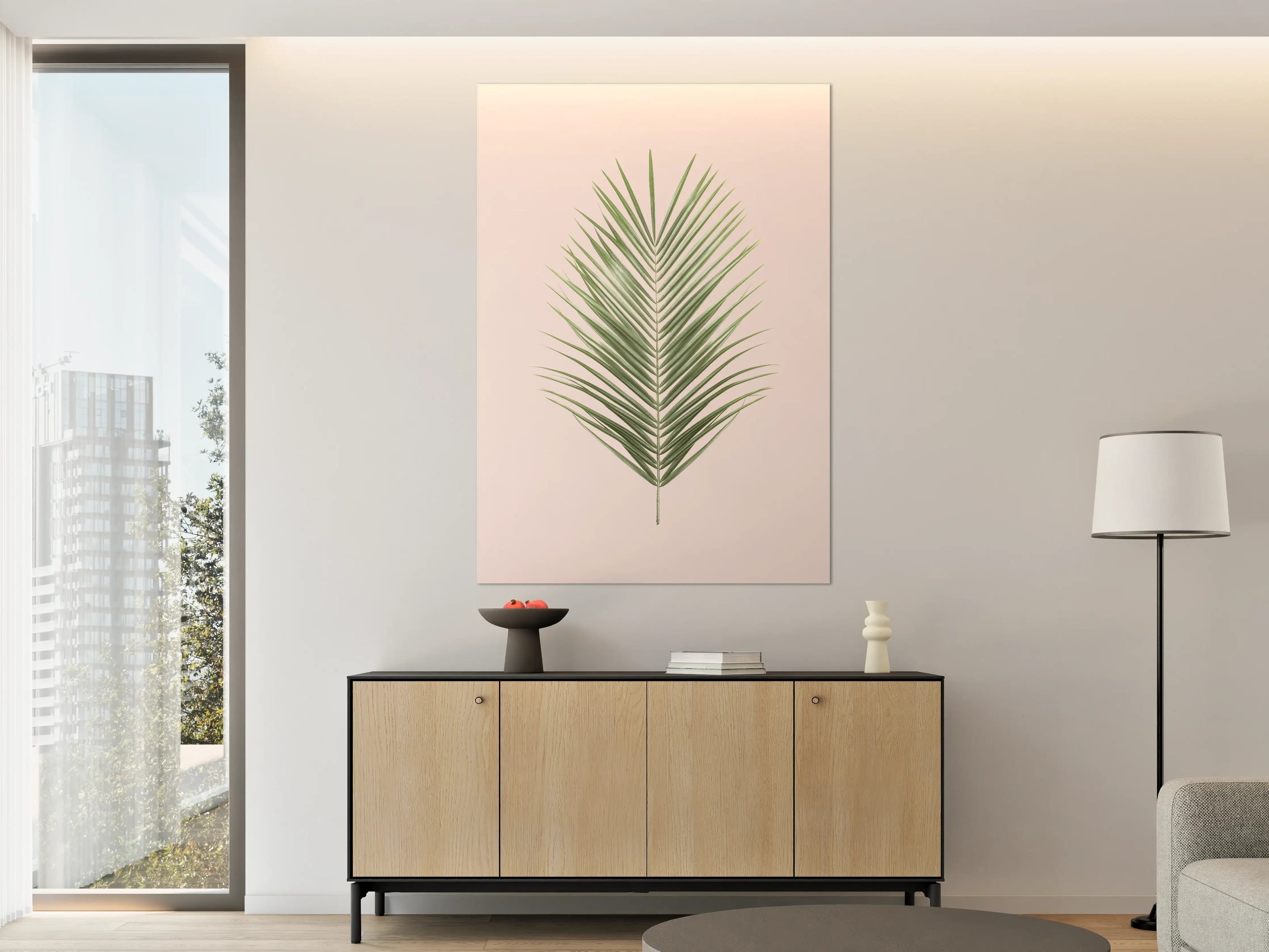 Große Wandbilder - Grüner Palmblatt auf zartrosa Hintergrund