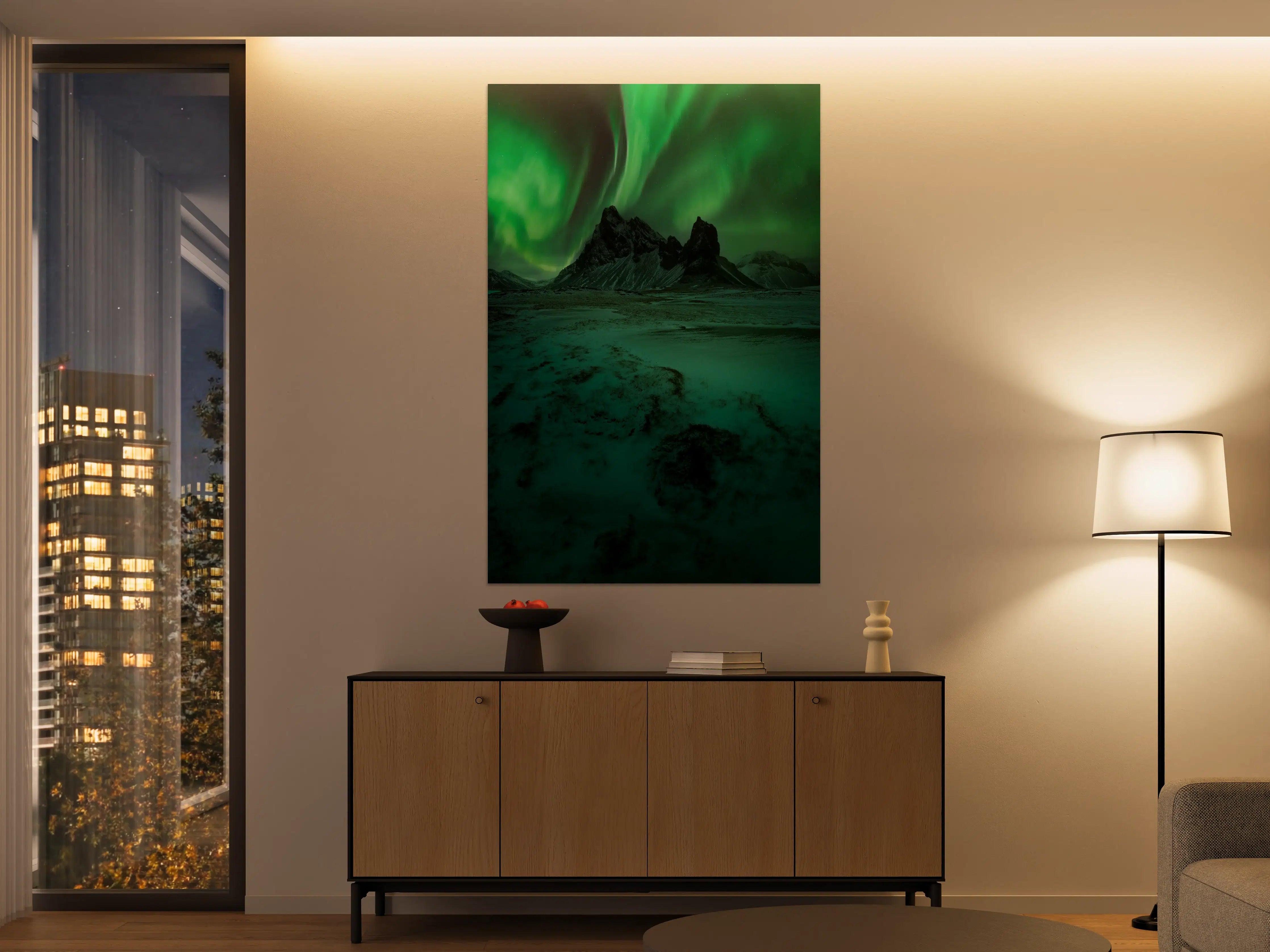 Große Wandbilder - Grüner Polarlichthimmel über schneebedeckter Landschaft