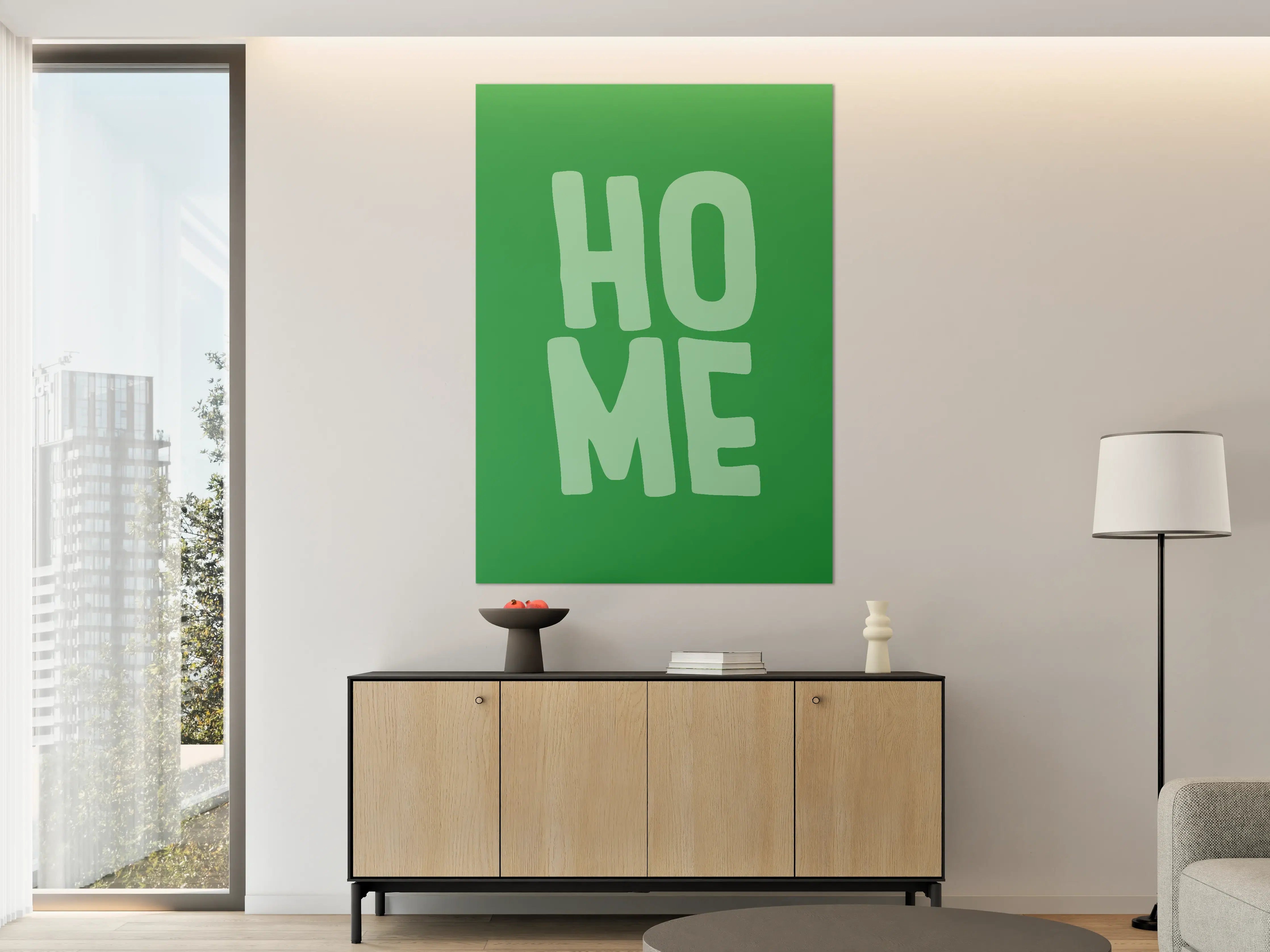 Große Wandbilder - Grünes 'Home' Wandbild mit moderner Schrift