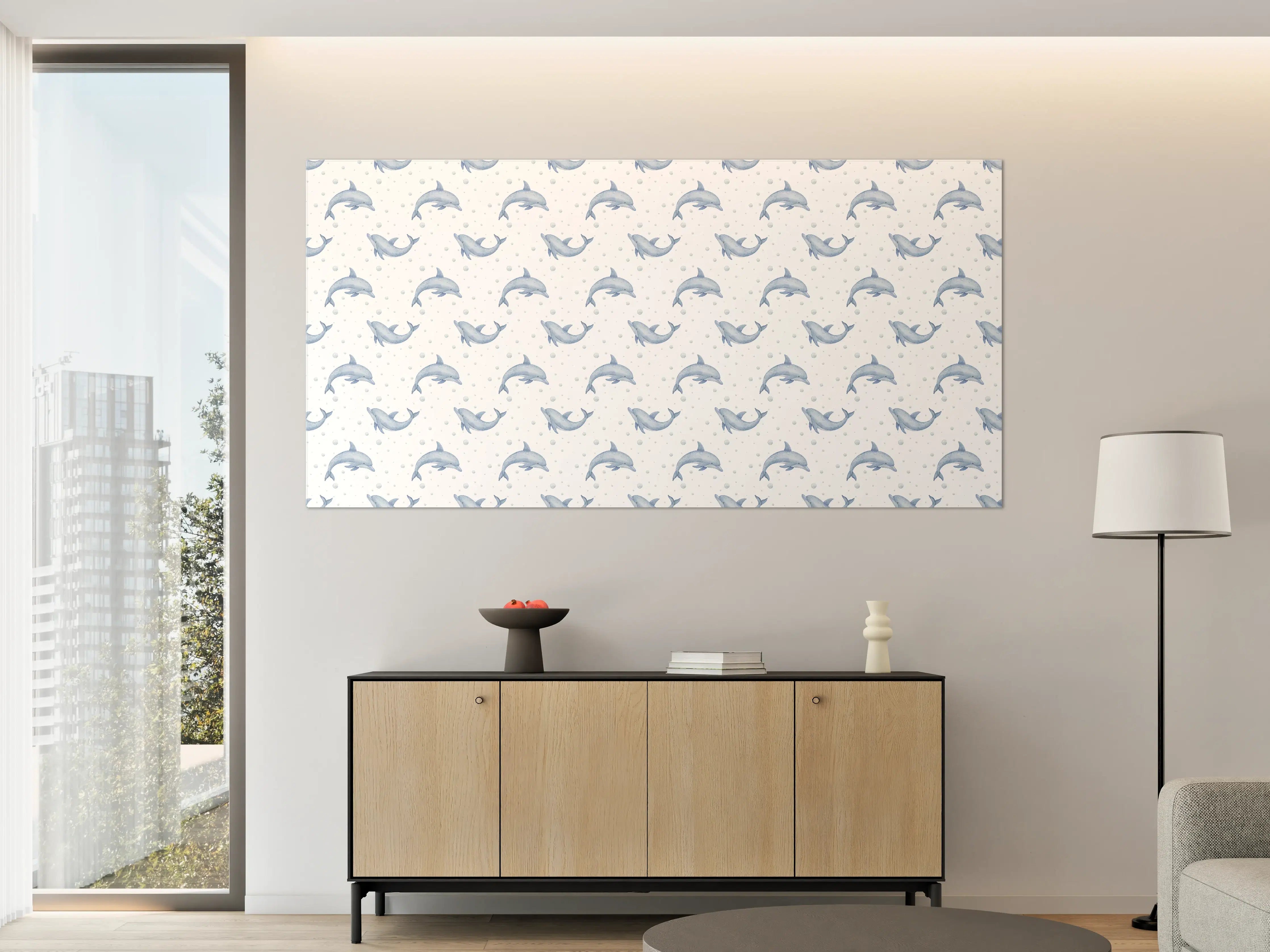Große Wandbilder - Hauchzarter Delfin-Print in Blau und Weiß
