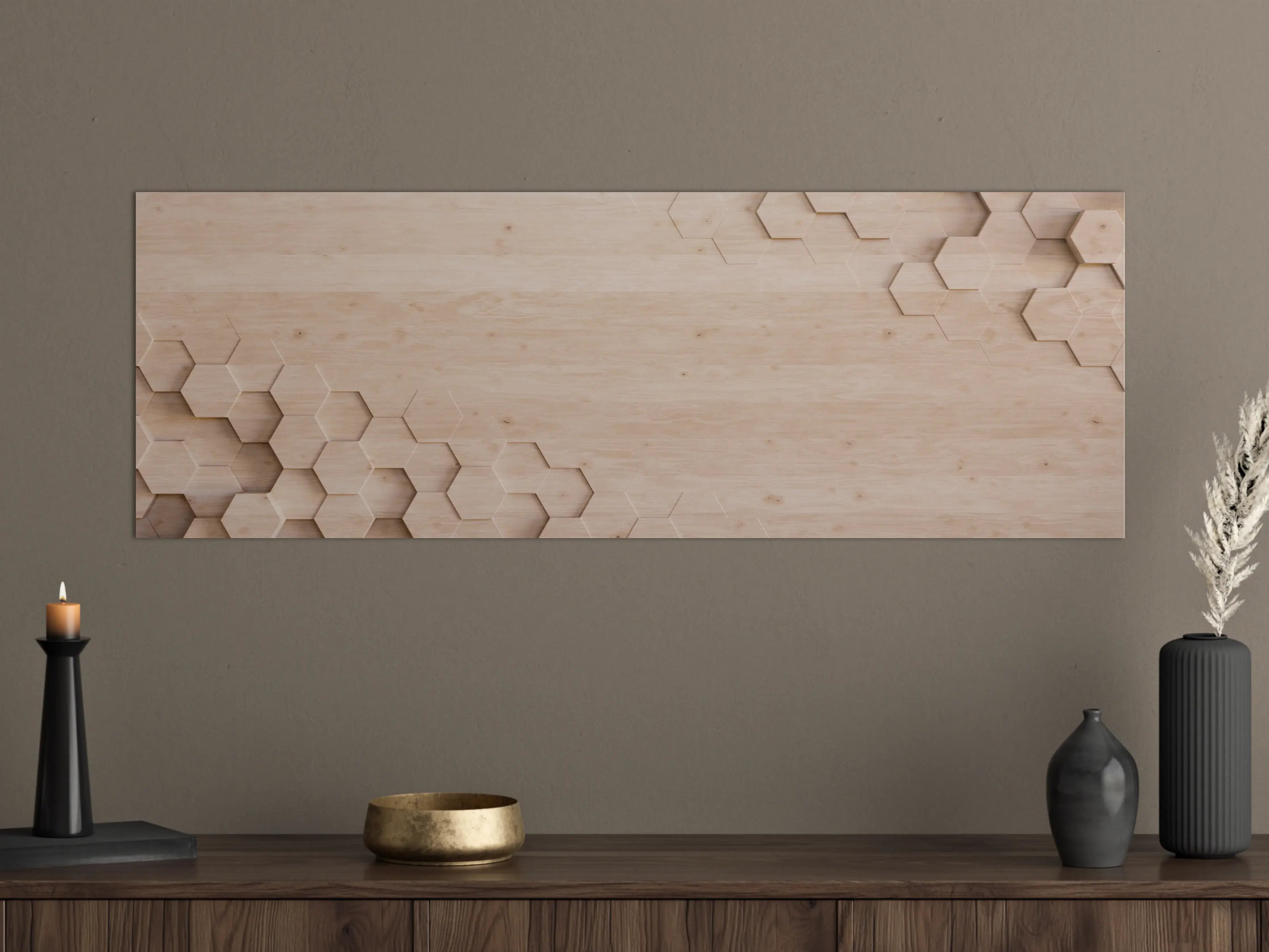 Große Wandbilder - Helle Holzwand mit Hexagon-Details
