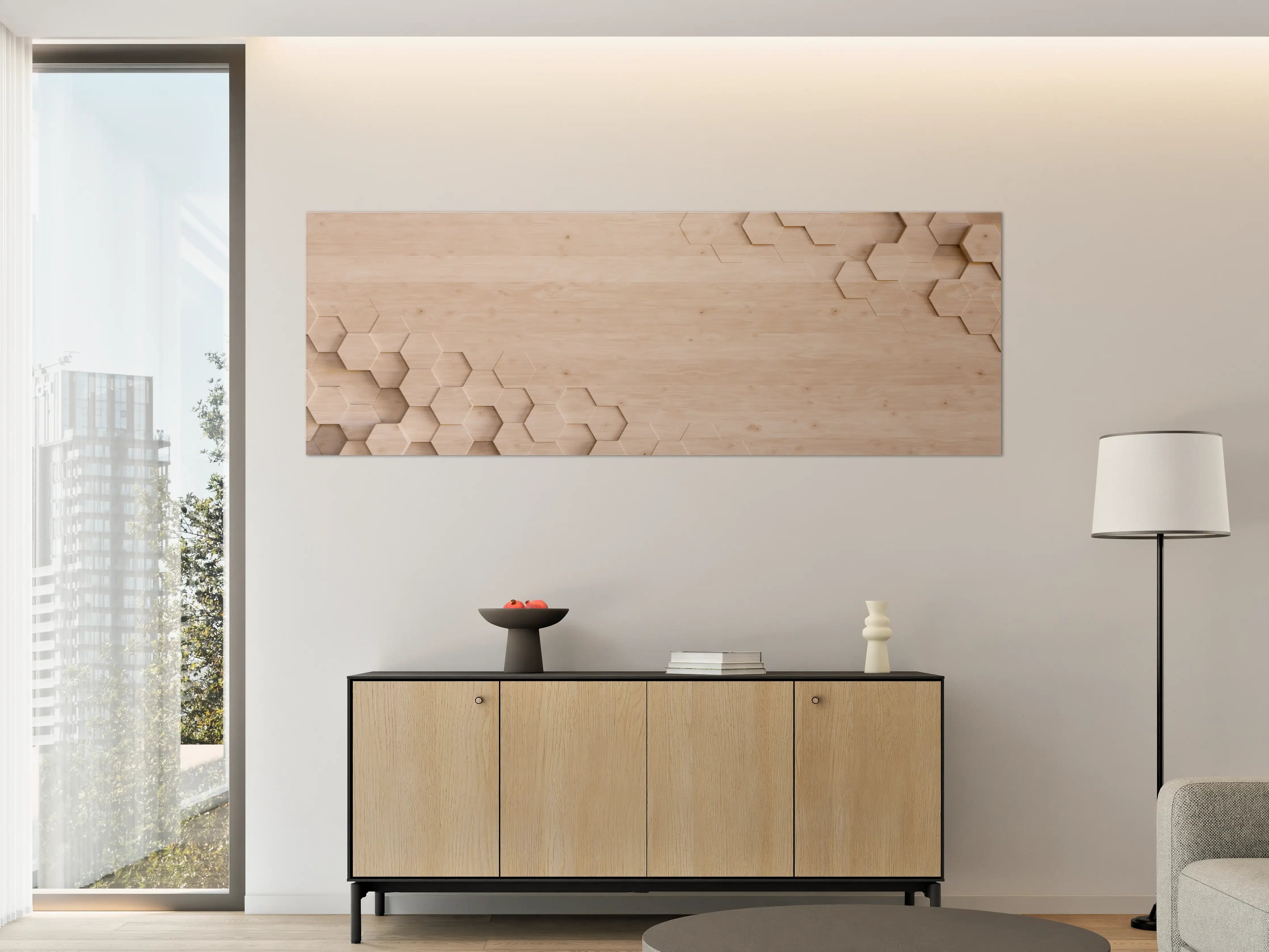 Große Wandbilder - Helle Holzwand mit Hexagon-Details